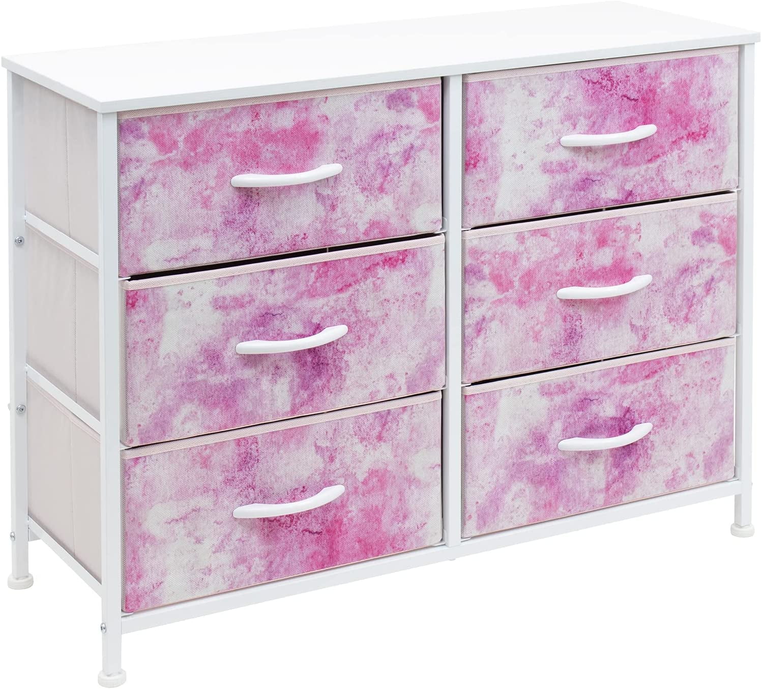 Sorbus Dresser with 6 Drawers - Furniture Storage Chest Tower Unit for Bedroom, Hallway, Closet, Office Organization - Steel Frame, Wood Top, Tie-dye Fabric Bins (6-Drawer, Pink)