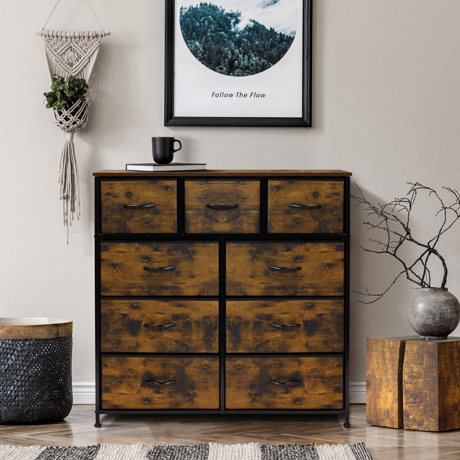 Sorbus Fabric Dresser with 9 Drawers for Bedroom, Chest Organizer with Steel Frame, Fabric Bins and Wood Handle (Rustic Wood)