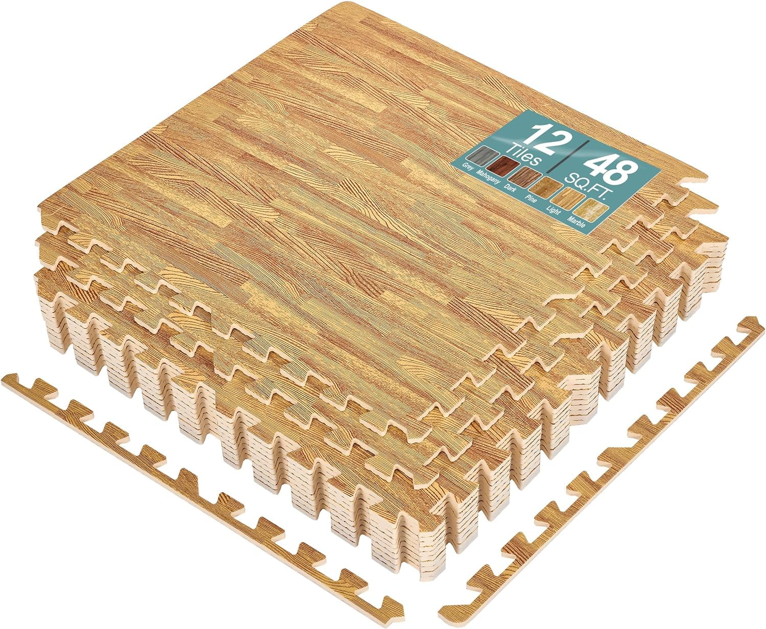 Sorbus 24" x 24" Wood Grain Light Foam Interlocking Floor Mats, 12 Piece