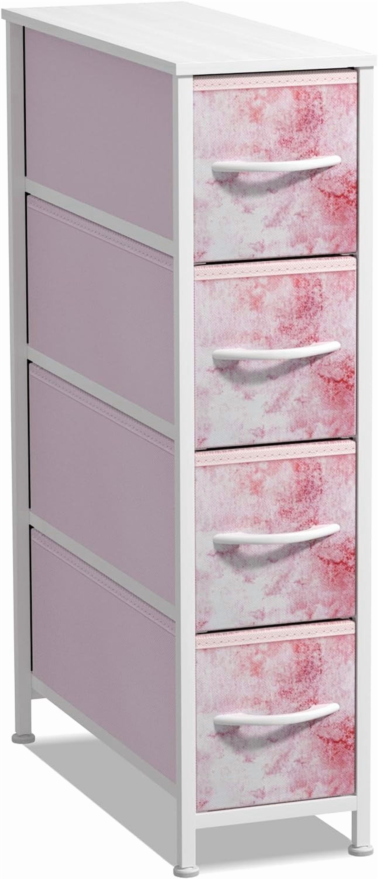 Sorbus Narrow Dresser Tower with 4 Drawers - Vertical Storage for Bedroom, Bathroom, Laundry, Closets, and More, Steel Frame, Wood Top, Tie-dye Fabric Bins (Pink)