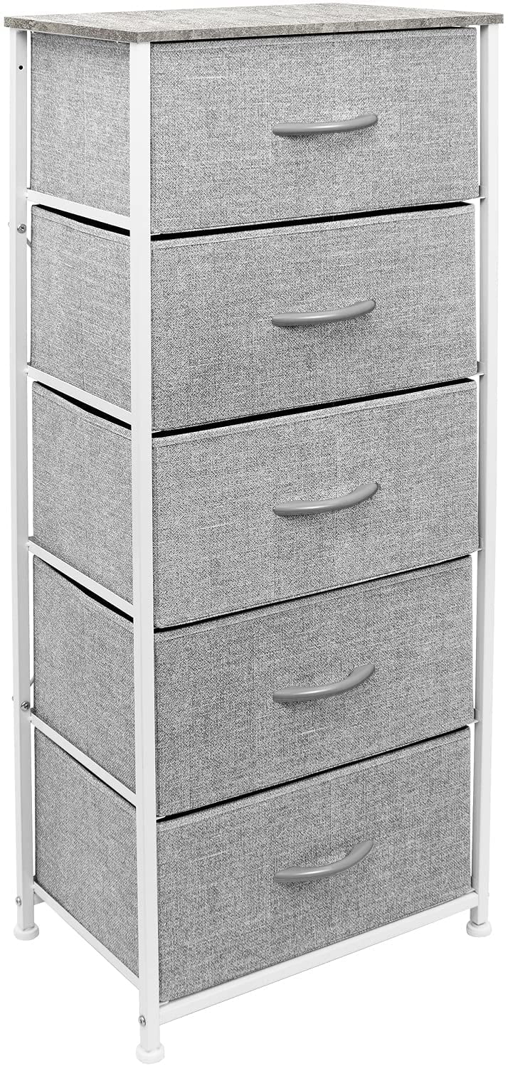 Sorbus Nightstand Dresser with 5 Drawers - Tall Storage Tower Unit Organizer for Bedroom, Hallway, Closet, College Dorm - Chest Drawer for Clothes, Steel Frame, Wood Top, Easy Pull Fabric Bins (Grey)