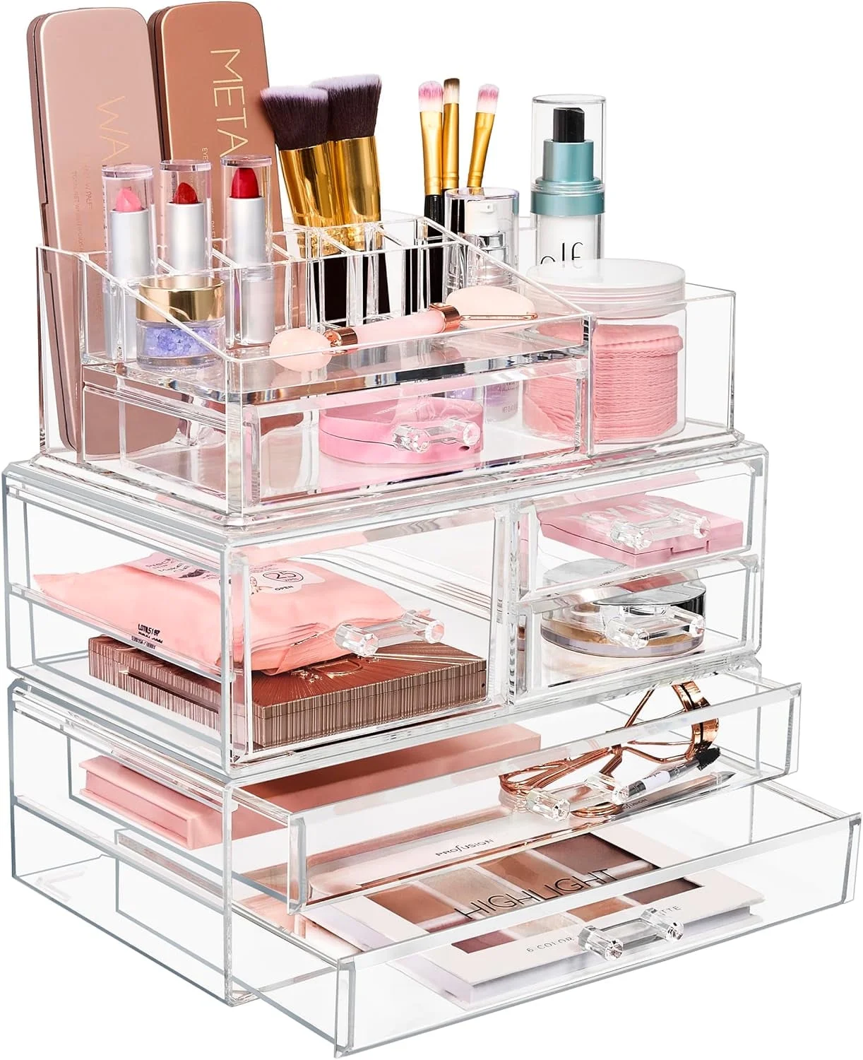 Sorbus 3 Piece Acrylic Makeup Organizer Set - Vanity Countertop Cosmetics and Jewelry Storage Case Display with 5 Easy Glide Drawers 16 Slot Top Tray
