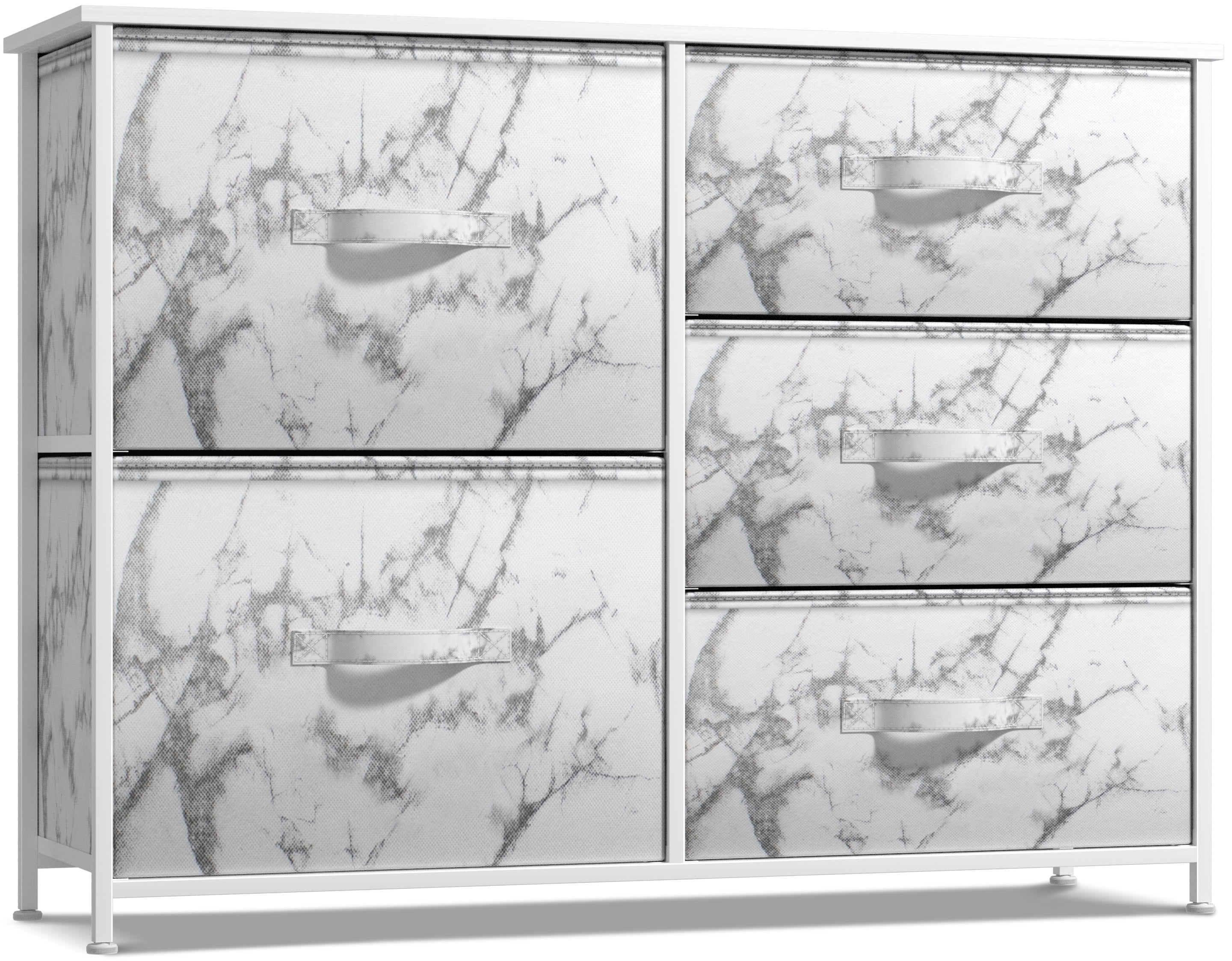 Sorbus 5-Drawer Dresser: Chest Organizer, Steel Frame, Wood Top, Marble/White Fabric Bins