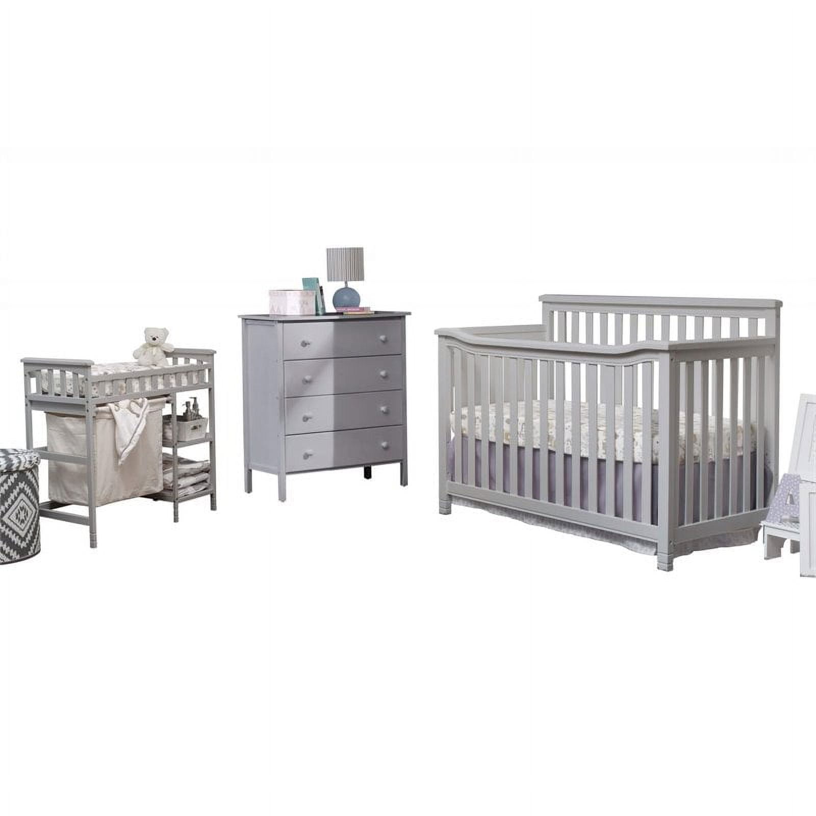 Sorelle Furniture Palisades Convertible Crib, Changing Table, Pull Out Hamper & 4 Drawer Dresser, Gray - 3 Piece