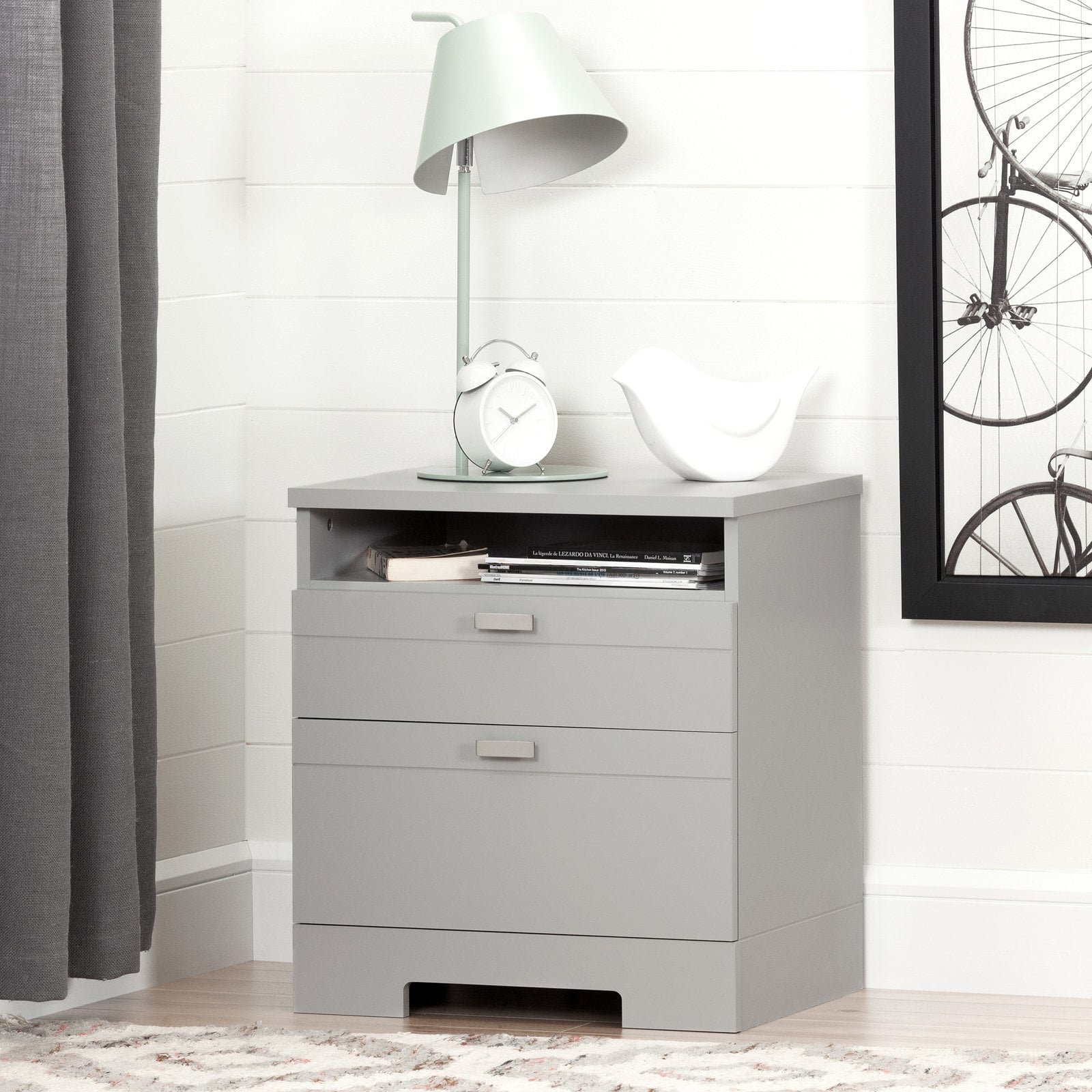 South Shore Reevo Nightstand with Drawers and Cord Catcher Gray