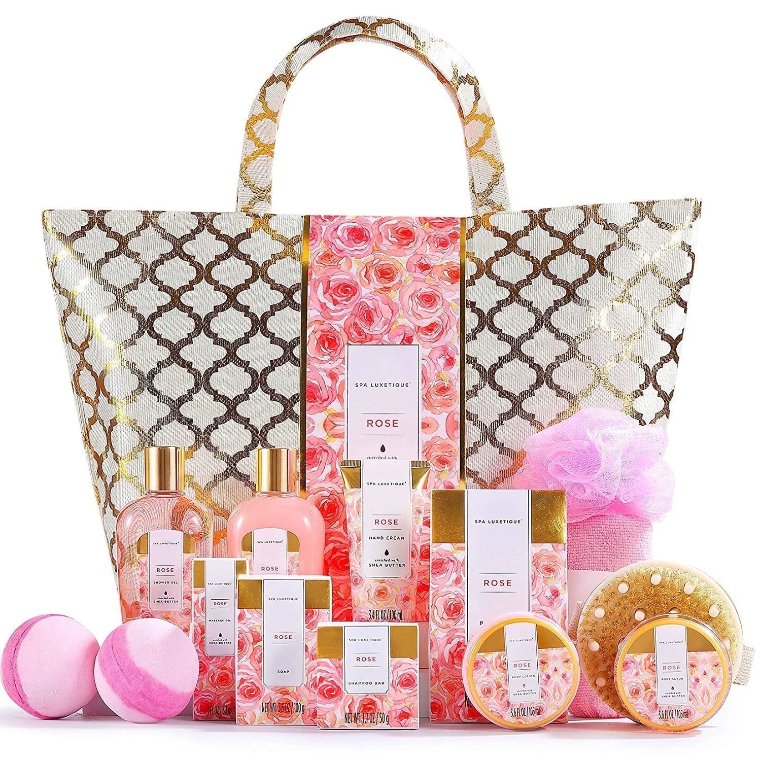 Spa Baskets Gift Sets for Women - 15 Pcs Rose Luxury Bath Relaxing Home Spa Kit Valentines Day Birthday Gifts Bag for Mom