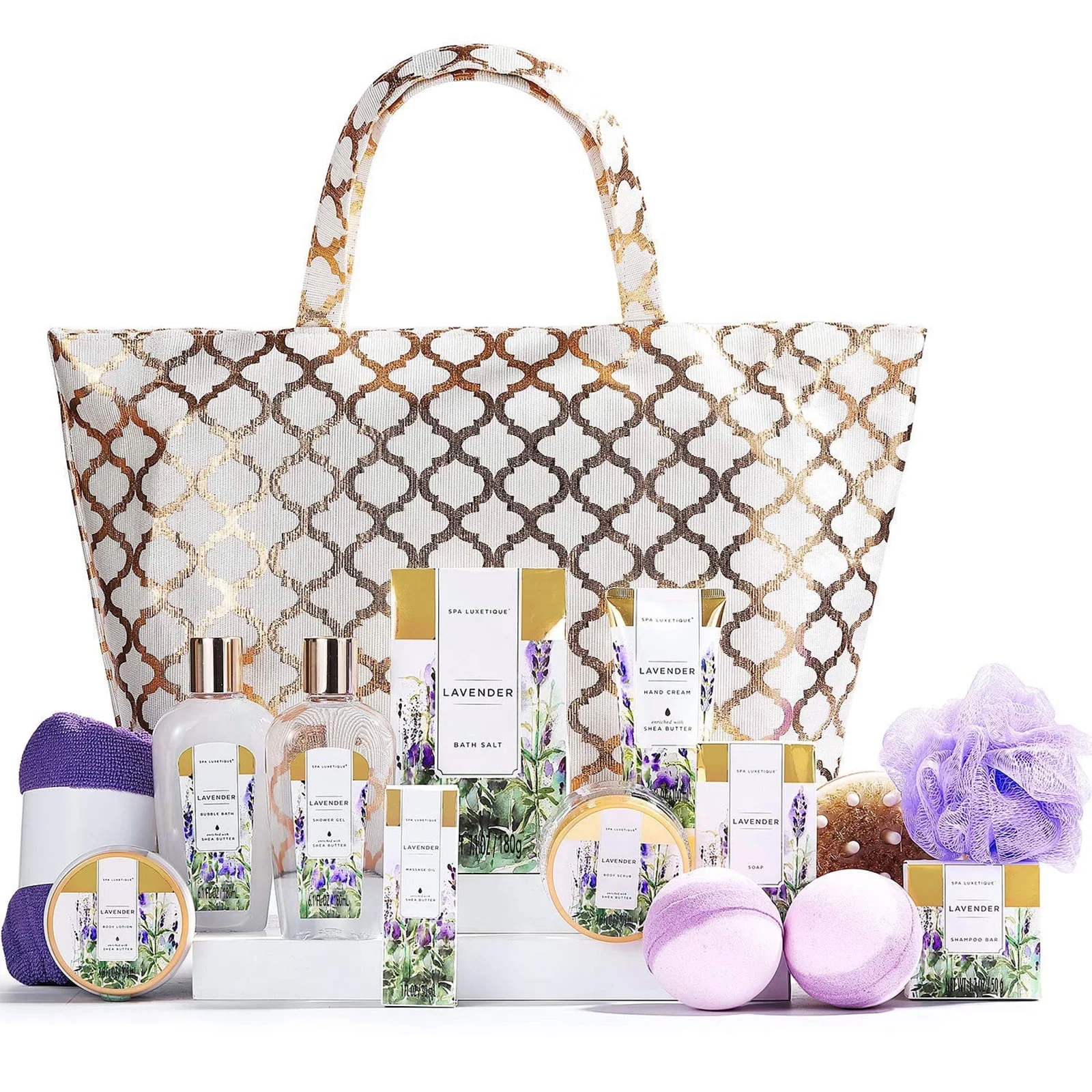 Spa Luxetique Bath Gift Sets for Women Valentines Day, 15 Pcs Lavender Spa Baskets for Her, Relaxing Birthday Gifts for Mom