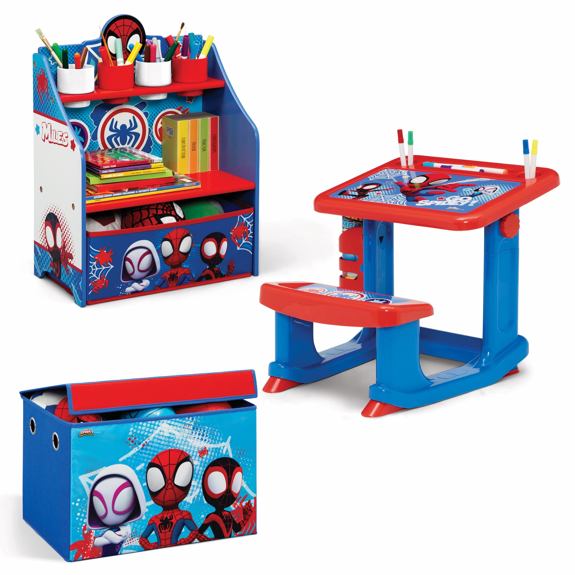 Spidey and His Amazing Friends 3-Piece Art & Play Toddler Room-in-a-Box by Delta Children – Includes Draw & Play Desk, Art & Storage Station & Fabric Toy Box, Blue