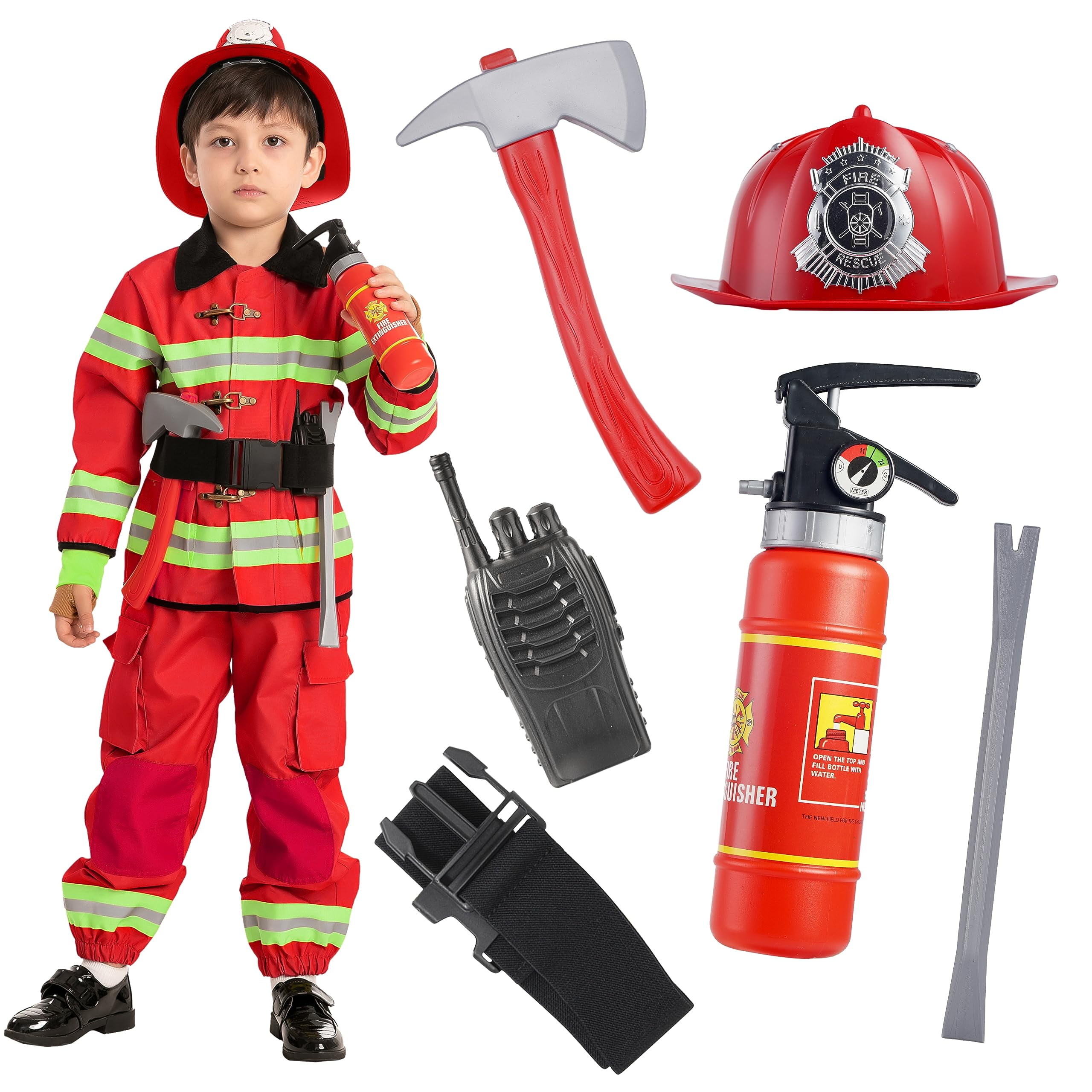 Spooktacular Creations 8PCS Fireman Costume for Toddler, Fire Fighter Role Play Costume, Halloween Dress Up Kits, 3T (3-4 yrs)