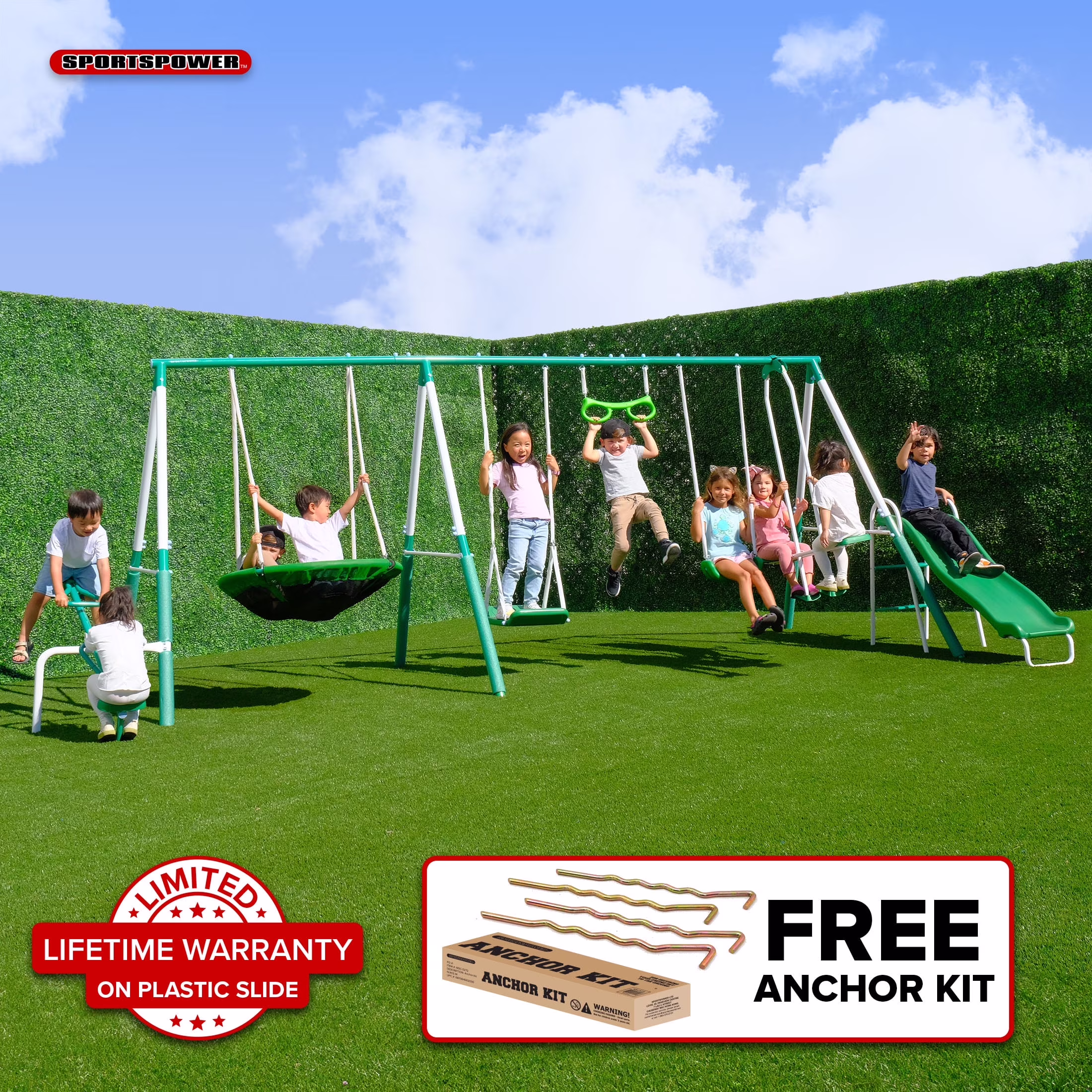 Sportspower Bayside Metal Swing Set with Teeter-Totter, Saucer Swing, Standing Swing, Trapze, Blow-Molded Swing, Glide Ride, 5' Slide, and Bonus Anchor Kit