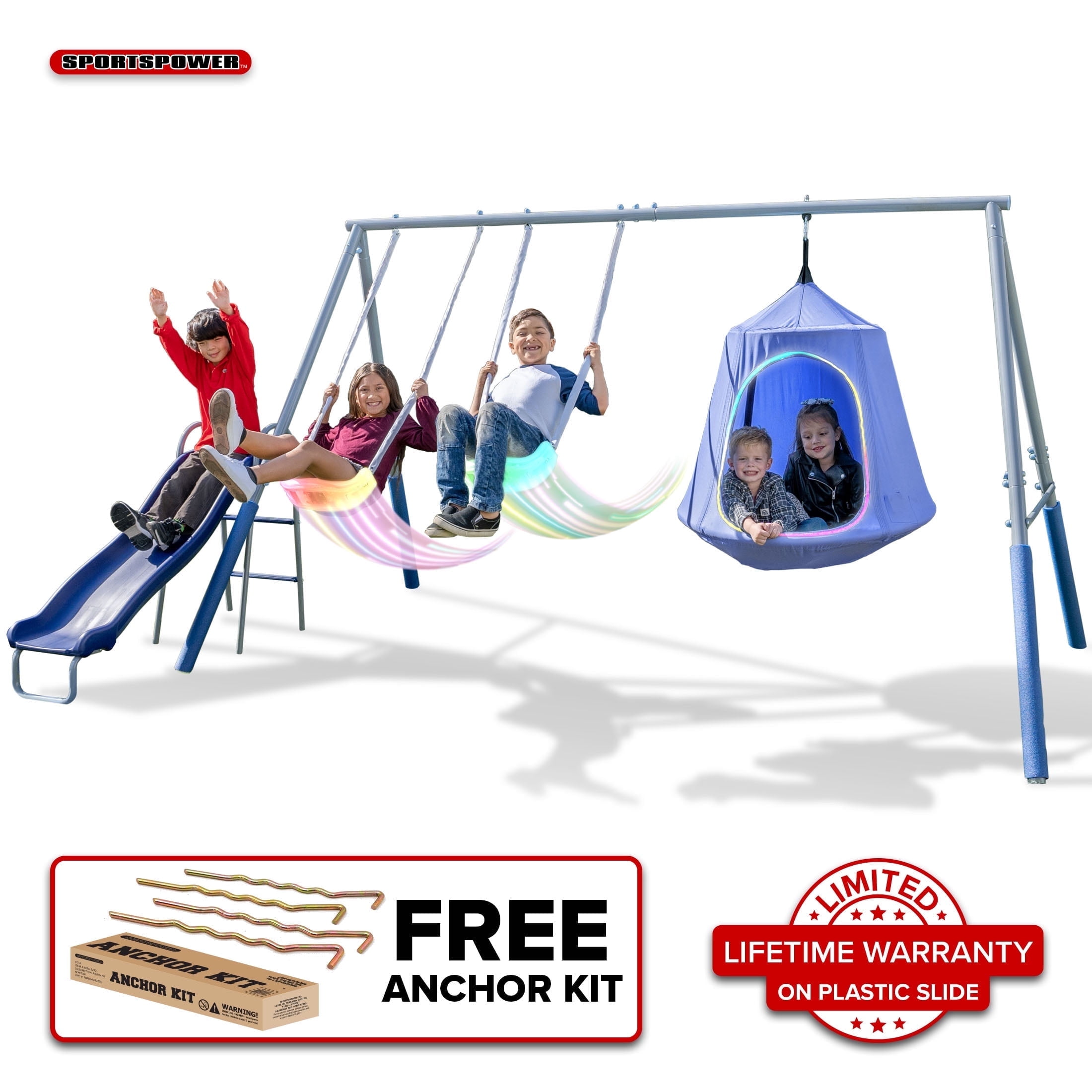 Sportspower Shooting Star Metal Swing Set with LED Swings, 5' Slide with Lifetime Warranty, & Bonus Anchor Kit, Great for Kids Aged 3-8