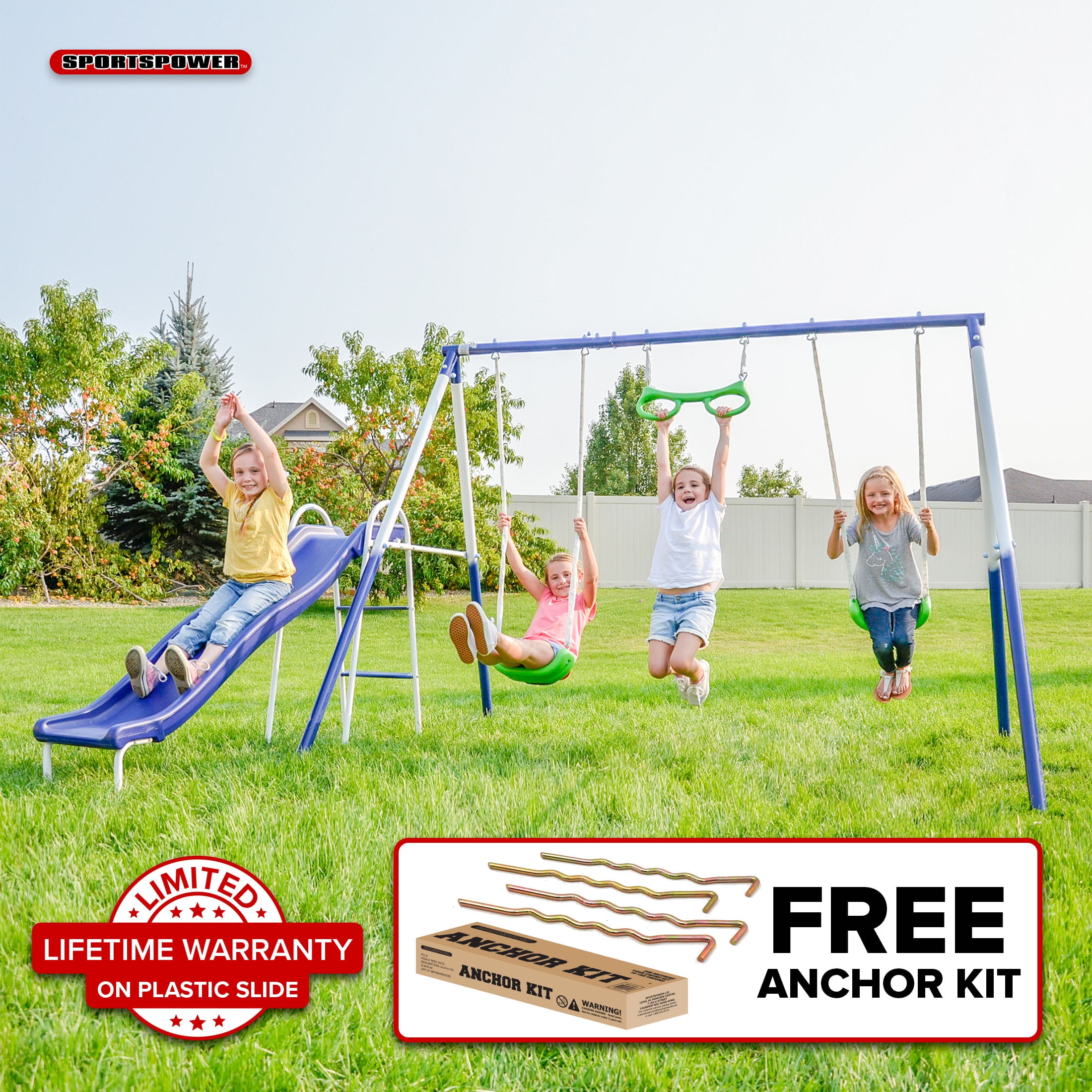 Sportspower Sierra Vista Outdoor Metal Swing Set with Trapeze, Lifetime Warranty on Blow Molded Slide, and Bonus Anchor Kit