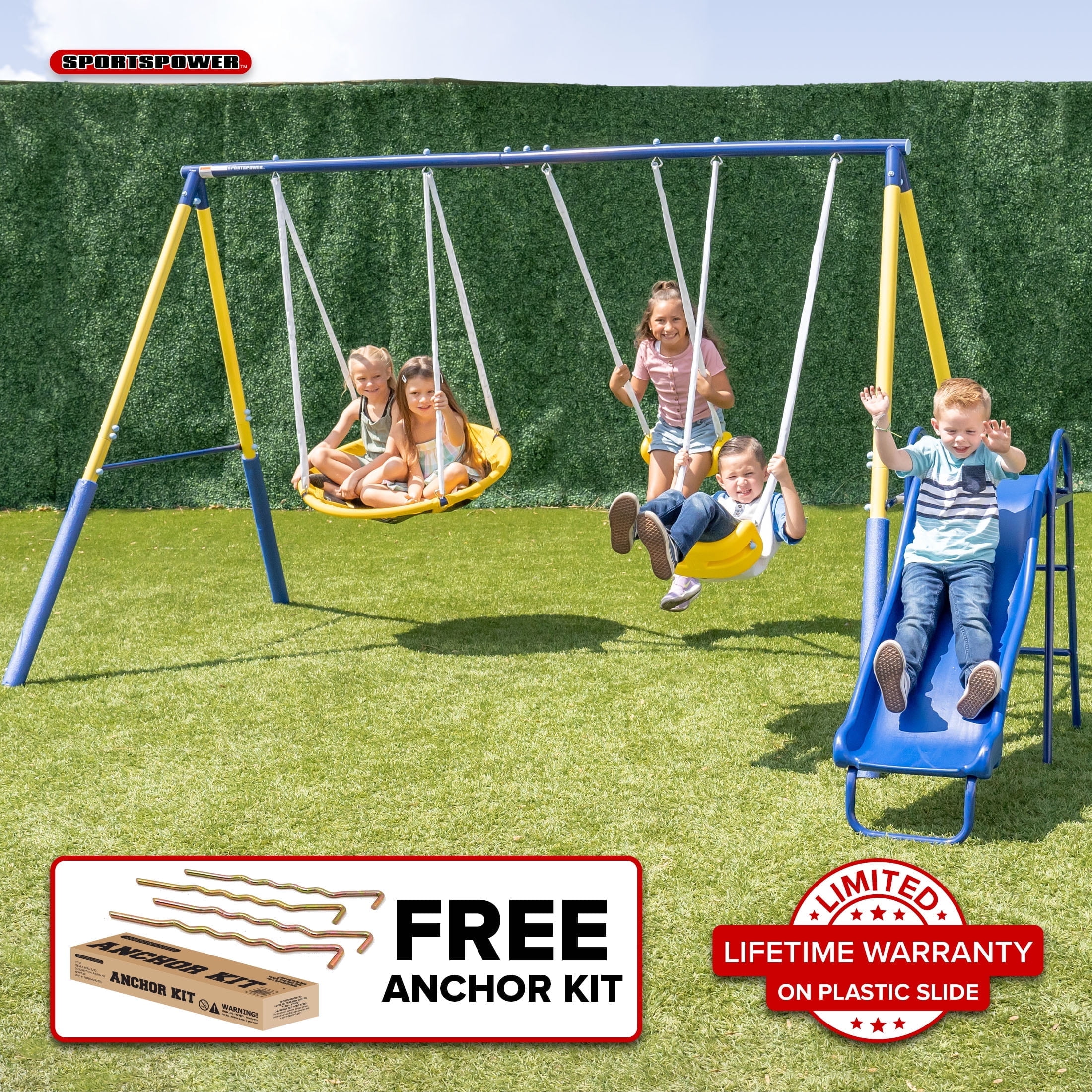 Sportspower Super Saucer II Metal Swing Set with Lifetime Warranty on Blow Molded Slide and Bonus Anchor Kit