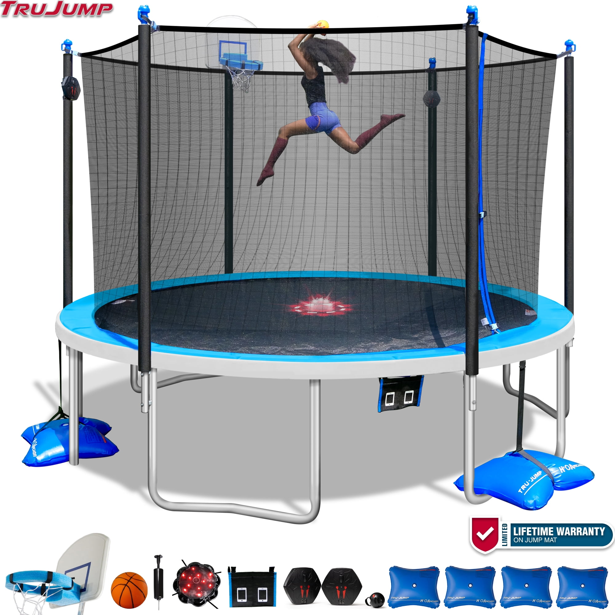 Sportspower TruJump 12 FT ULTIMATE MULTIPLAY Heavy Duty Outdoor Trampoline with Dunk Zone Basketball Hoop system, Safety Enclosure Net, Electron Shooter, Water Anchor, Flashlite Zone and Phone Pouch