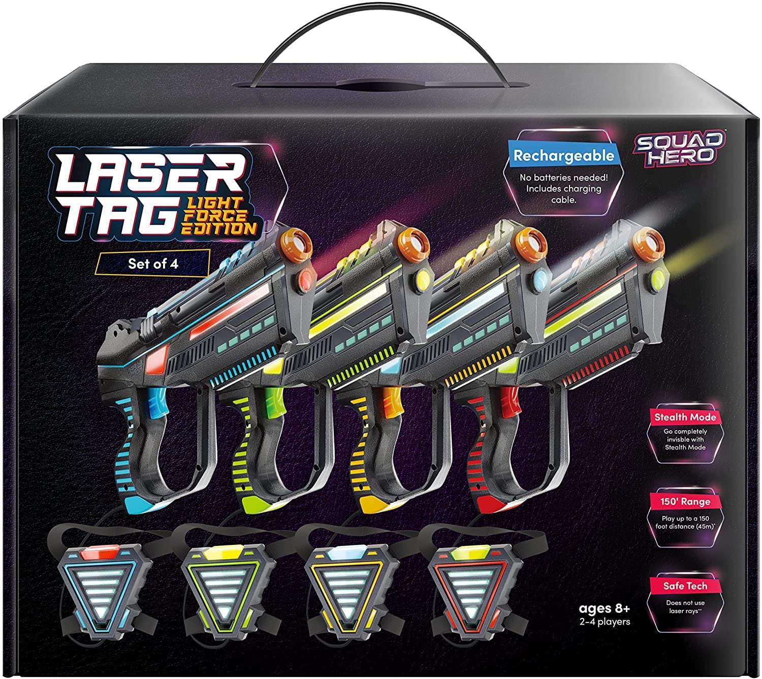 Squad Hero Kids Rechargeable Laser Tag Toy Gun Blasters, Years 8+, Black (4 Pack)