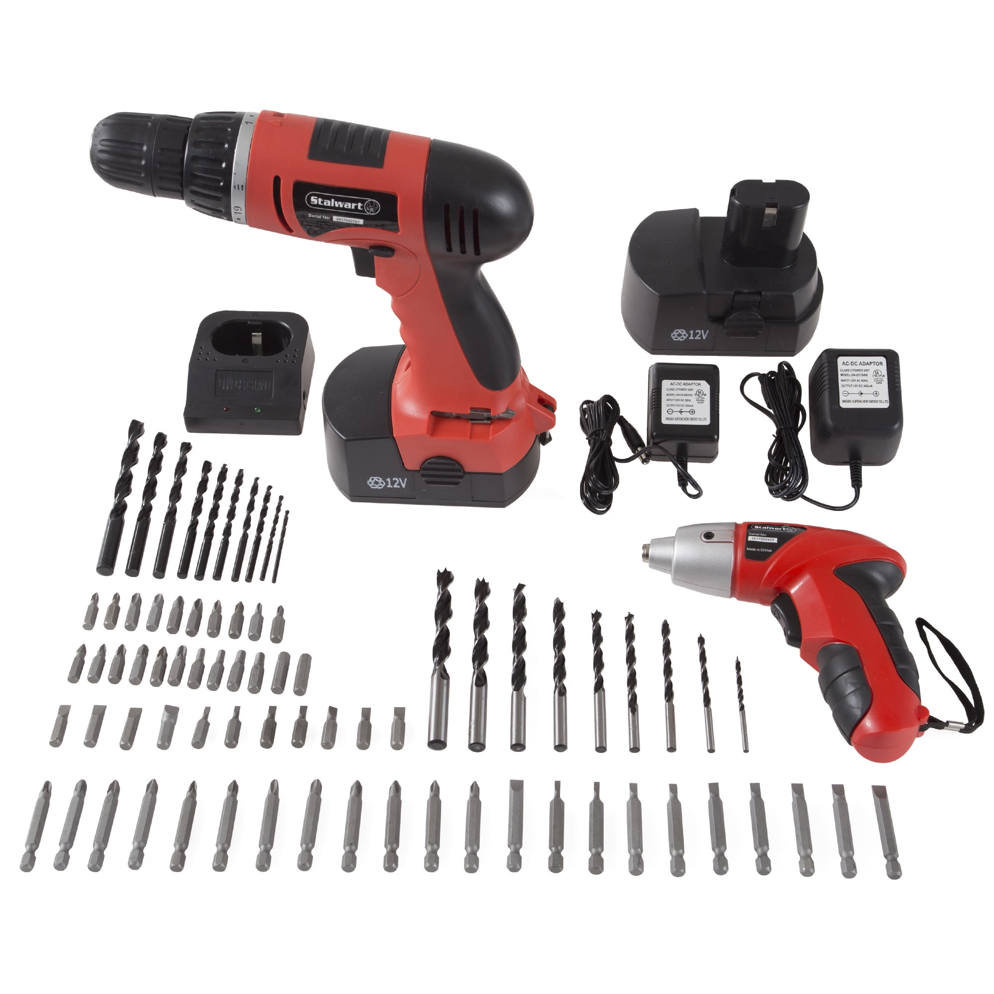 Stalwart 74-Piece 12V Cordless Drill and 3.6V Screwdriver Set with Case