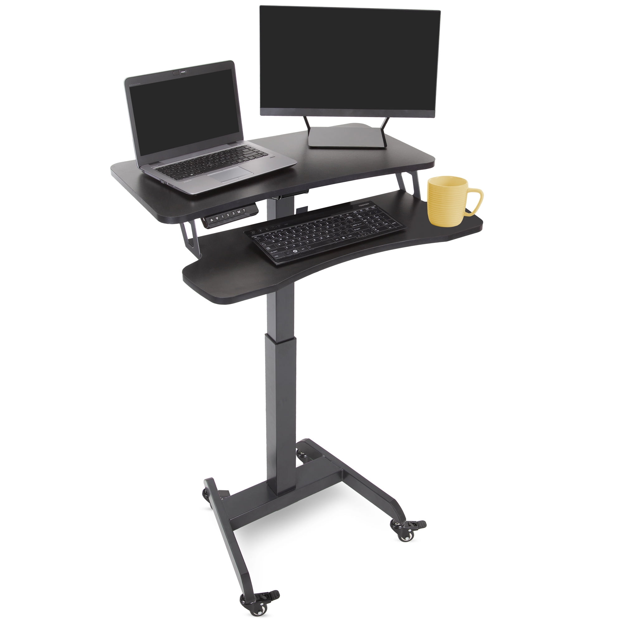 Stand Steady Electric Mobile Podium with Keyboard Tray | Height Adjustable Stand Up Workstation with Locking Wheels | Go from Sitting to Standing with Programmable Control Pad (Black)