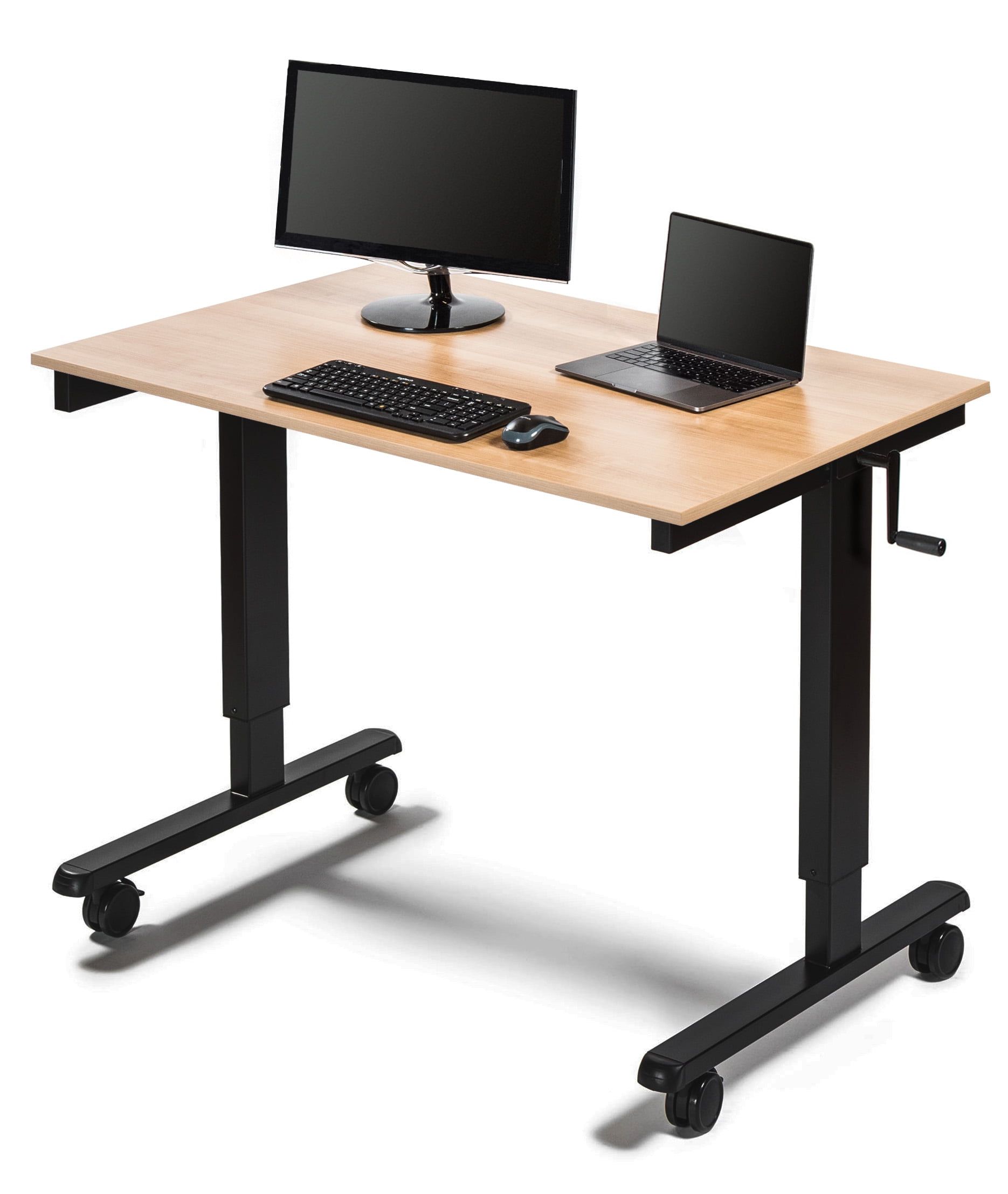 Stand Up Desk Store Crank Adjustable Height Rolling Standing Desk (Black Frame/Natural Walnut Top, 48" Wide)