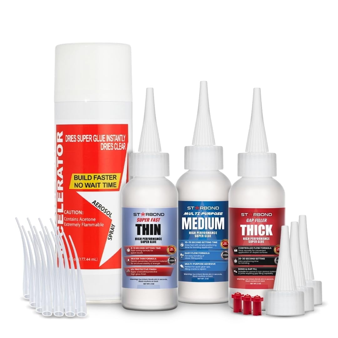 Starbond 2 oz. Thin, 2 oz. Medium, 2 oz. Thick CA Glue with 6 oz. Aerosol Accelerator Bundle, Cyanoacrylate Adhesive Super Glues for Woodworking, Woodturning, Guitar, Hobby