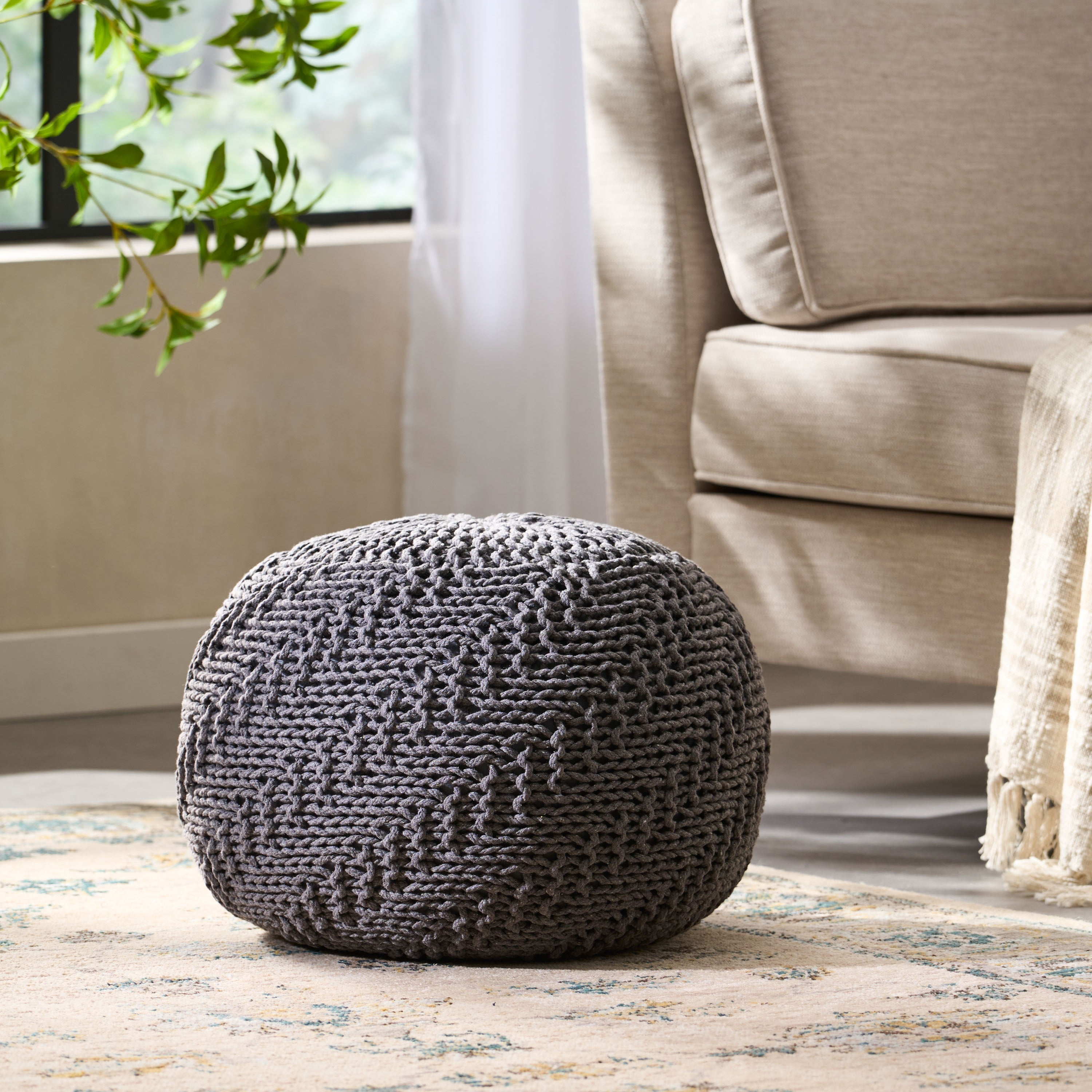 Statham Cotton Knitted Round Pouf, Dark Gray, 20" x 14"