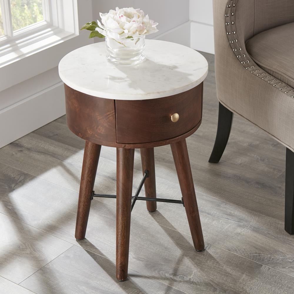 Steve Silver Bangalore Round White Marble Top and Brown Cherry Base End Table