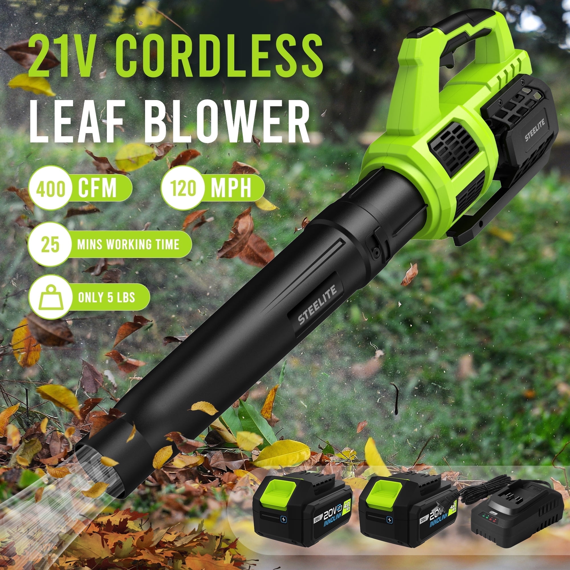 Steelite 21V Cordless Leaf Blower,120 MPH 480 CFM,Electric Lightweight Blower with 2 x 4.0Ah Battery Packs and Charger,for Lawn Care, Patio Cleaning, Blowing Leaves and Dust