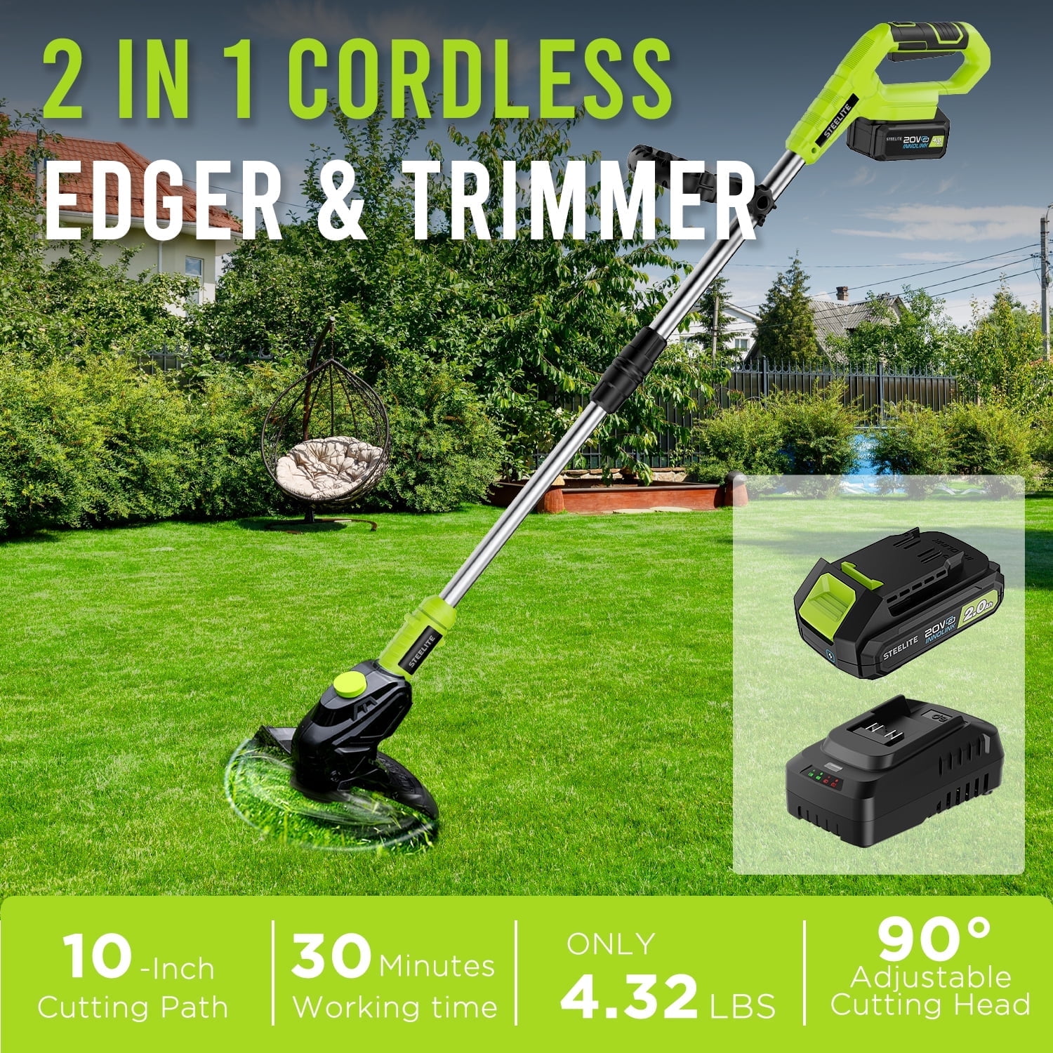 Steelite 21V Max Cordless String Trimmer with Bump Feed, Battery Powered Weed Wacker & Lightweight Grass Trimmer with 2.0Ah Battery for Trimming and Edging