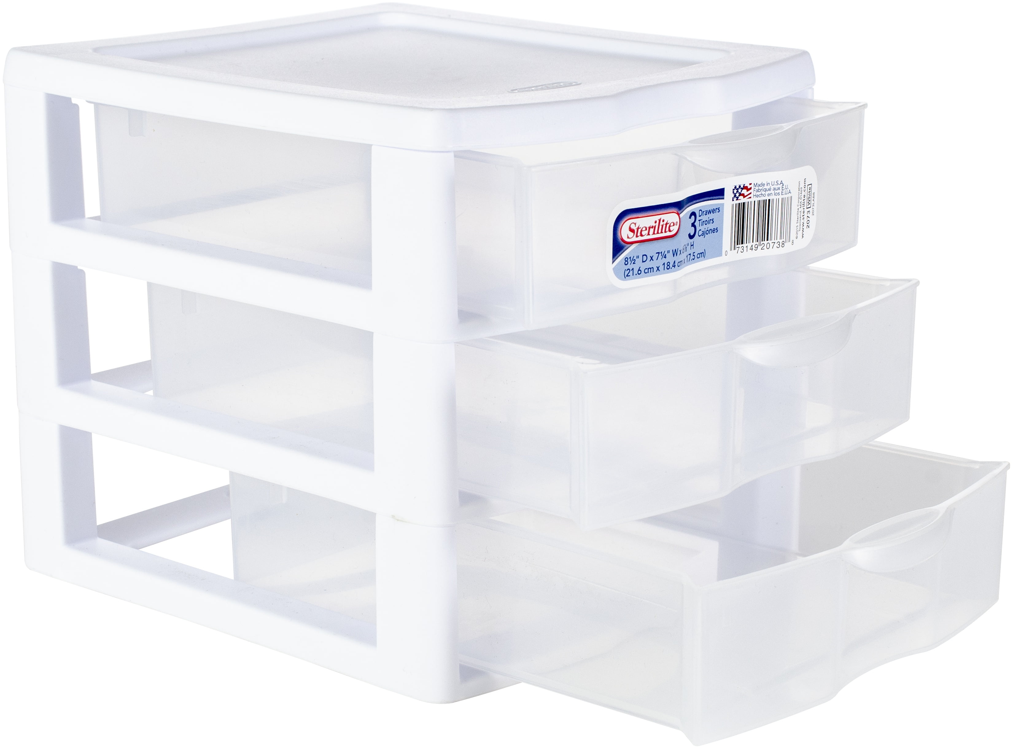 Sterilite Small 3 Drawer Unit, Clear Plastic Countertop or Desktop Drawers, White