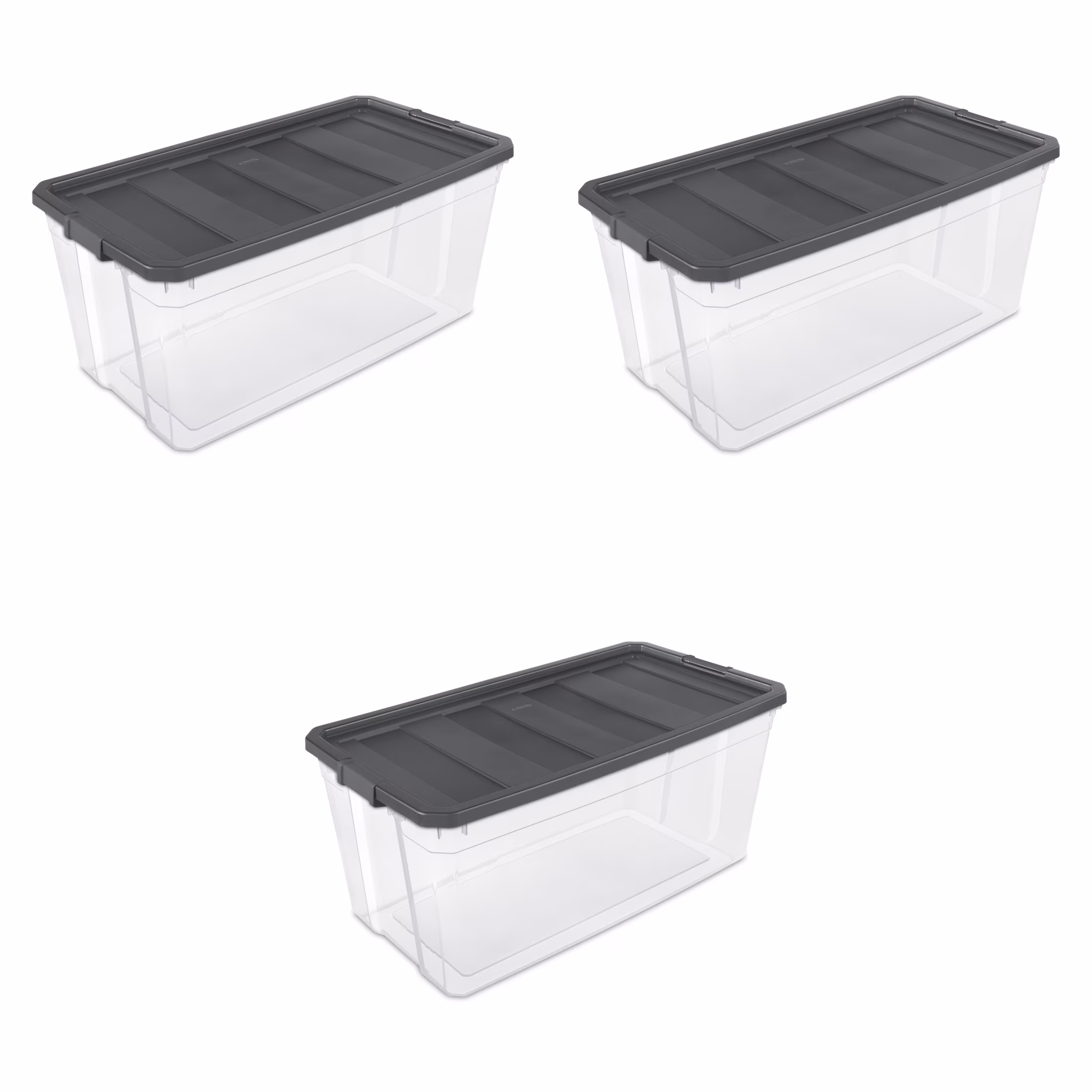 Sterilite 200 Quart Stacker Box, Extra-Large Durable Clear Plastic Storage Bin with Latch Lid, Dark Gray, 3 Pack