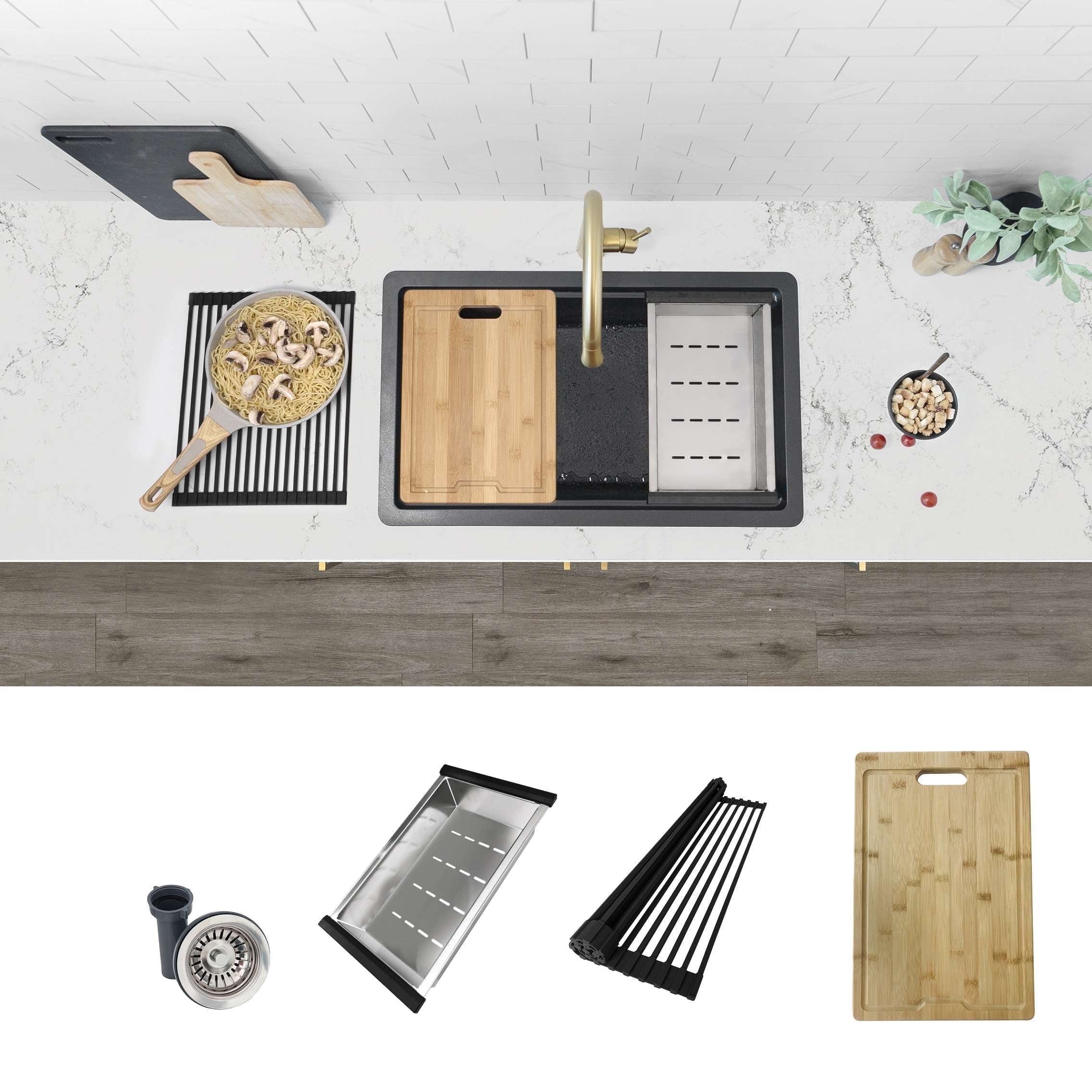 Stylish Dual Mount 28" Black Composite Granite Single Bowl Kitchen Sink with 4 accs S-828WN