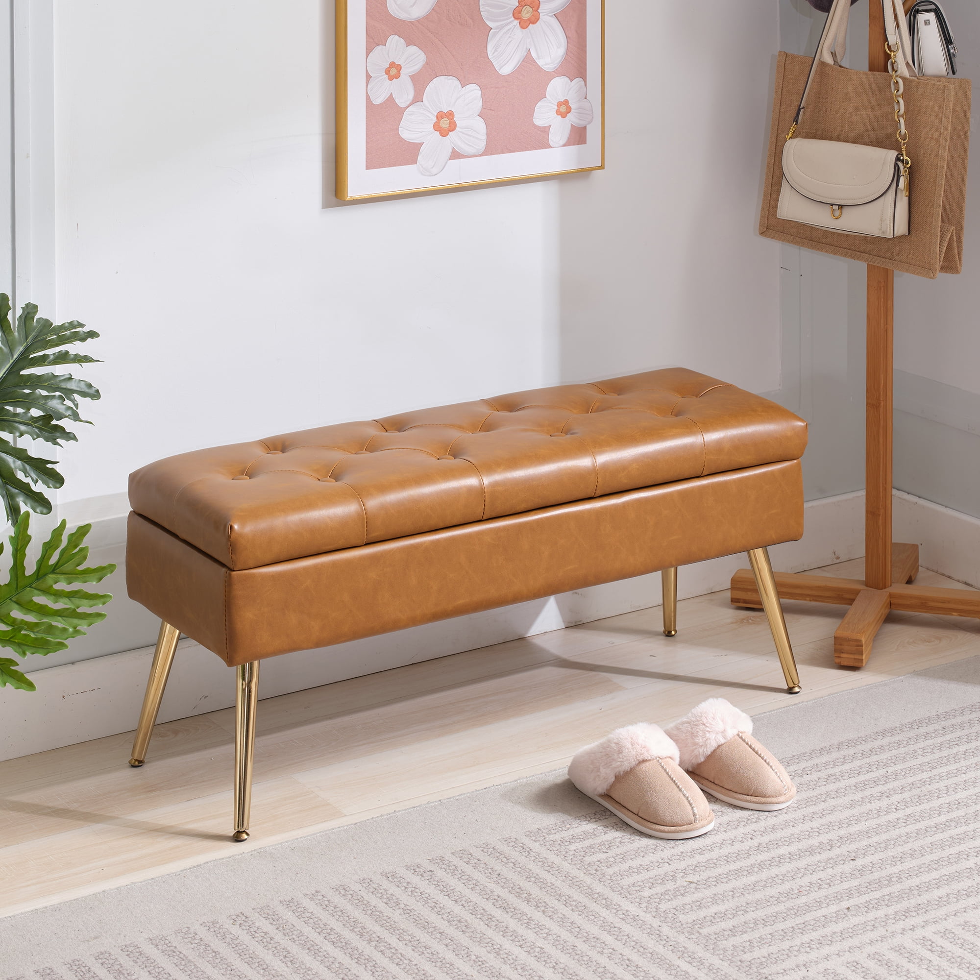 Storage Bench-Entryway Bench,Ottoman for Bedroom End of Bed,Modern Leathers Benche Bedroom Benches for Foot of Bed,Upholstered Bench with Golden Legs 40" Leather Brown