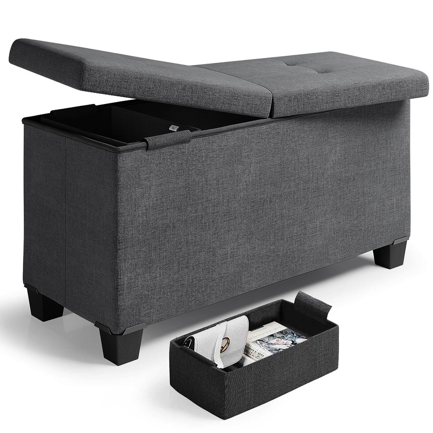 Storagebud Ottoman Storage Bench, Linen 30" Storage Ottoman Bench, Gray