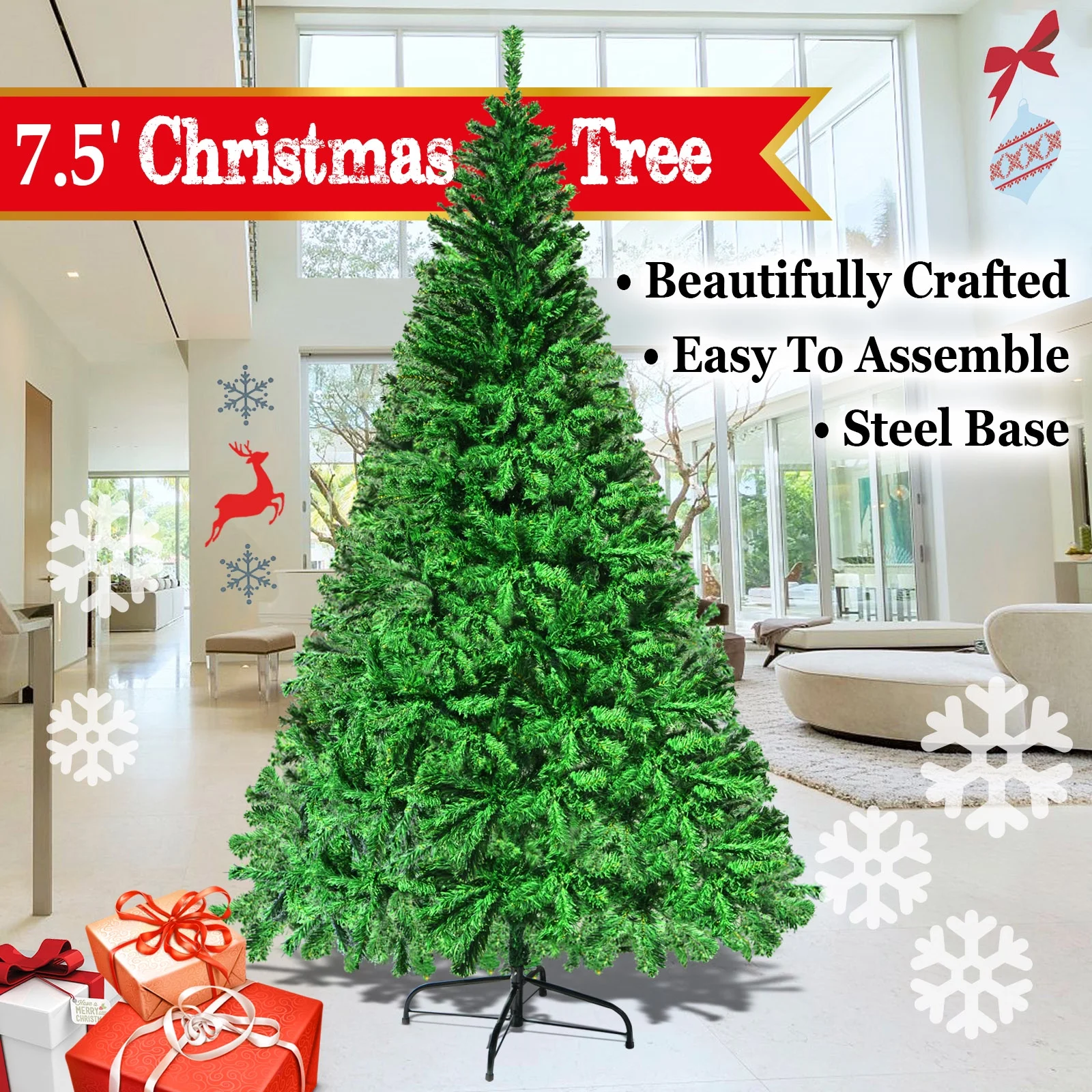 Strong Camel NEW Green 7.5' Classic Pine Christmas Xmas Tree Artificial Realistic Natural Branches-1200 tips with Solid Metal Stand