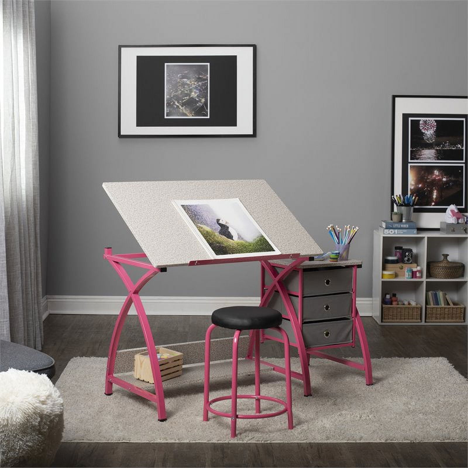 Studio Designs Comet Center Plus Drawing Table with Padded Stool 2 Piece Set Pink & Spatter Gray -