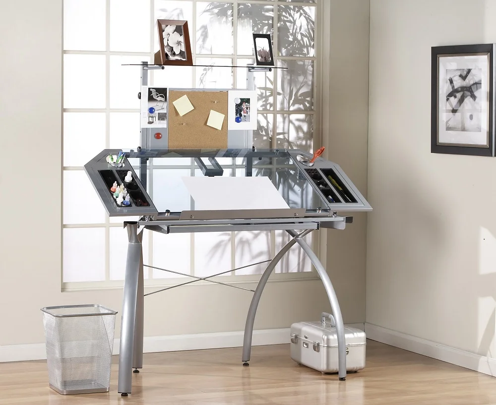 Studio Designs Futura Metal and Glass Corner Drafting Table with Cork Board and Storage in Silver
