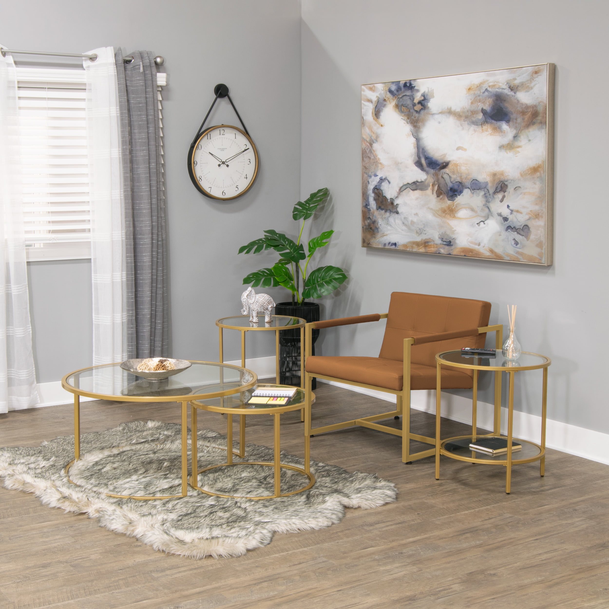 Studio Designs Home Camber Elite Round 35" and 22" Wide Modern Metal and Glass Living Room Nesting Coffee Table Set in Gold