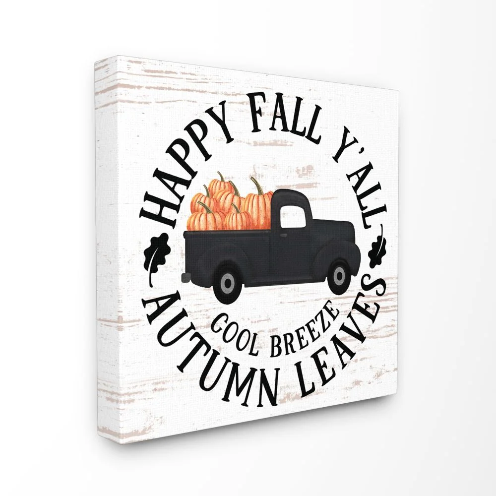 Stupell Industries Happy Fall Y'All Pumpkin Truck Autumn Seasonal DesignCanvas Wall Art By Artist Lettered and Lined