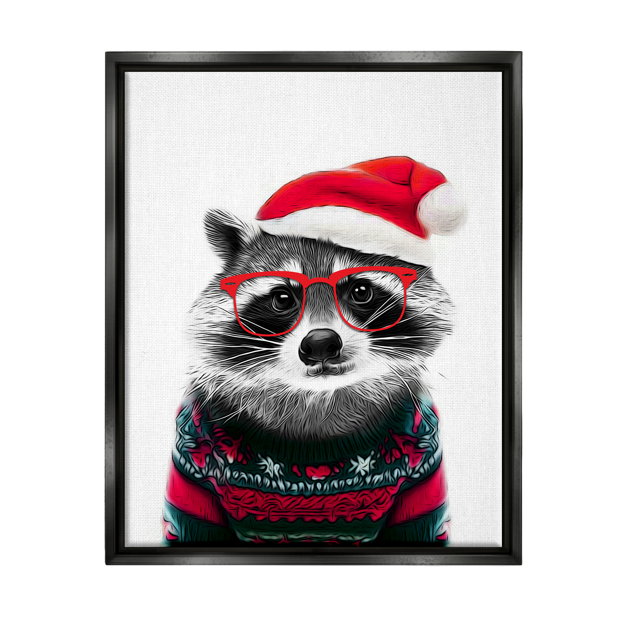 Stupell Industries Raccoon in Holiday Sweater Holiday Painting Black Floater Framed Canvas Art Print Wall Art, 17 x 21