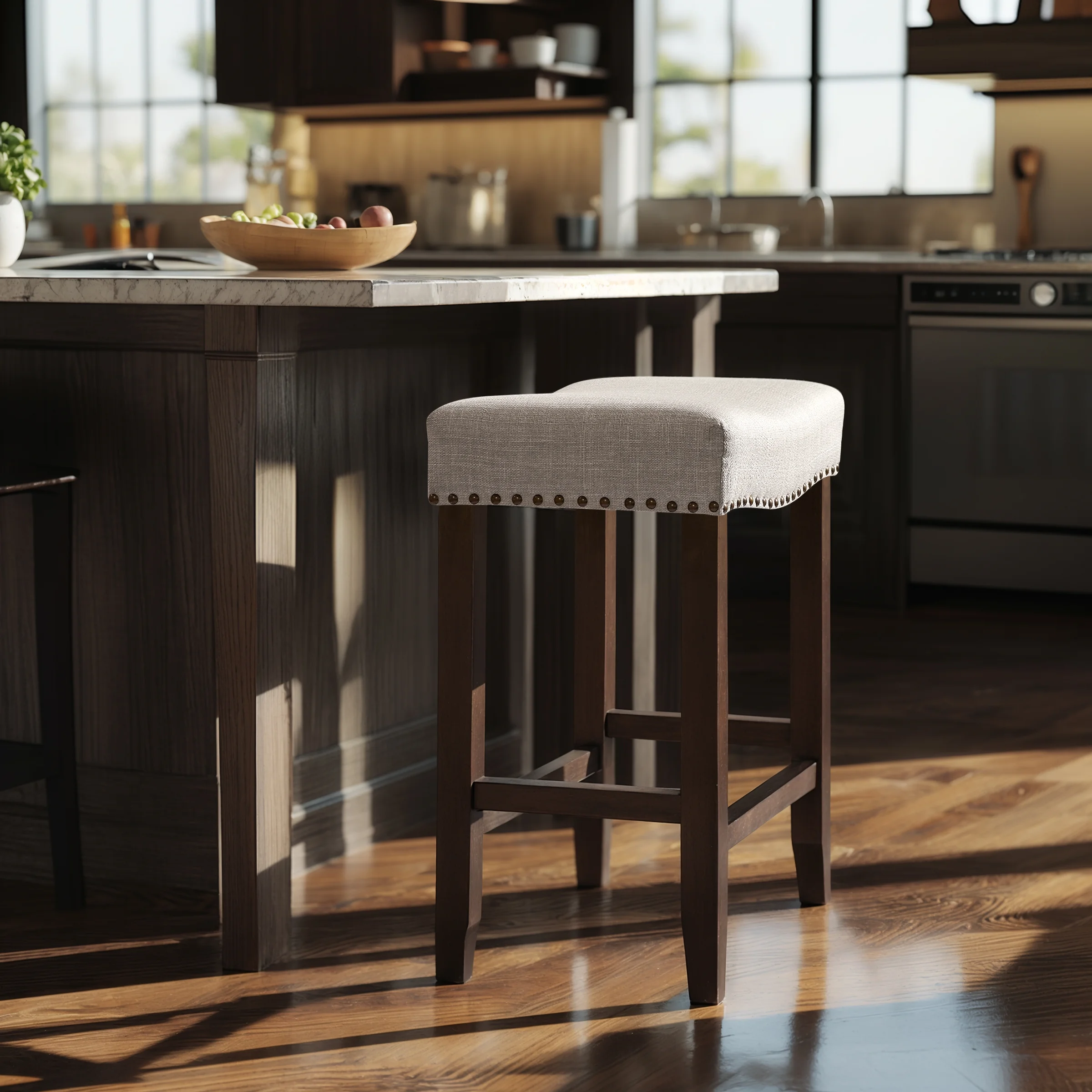 Subrtex 24" Saddle Backless Bar Stool, Upholstered Wood Counter Height Stool for Kitchen, Gray