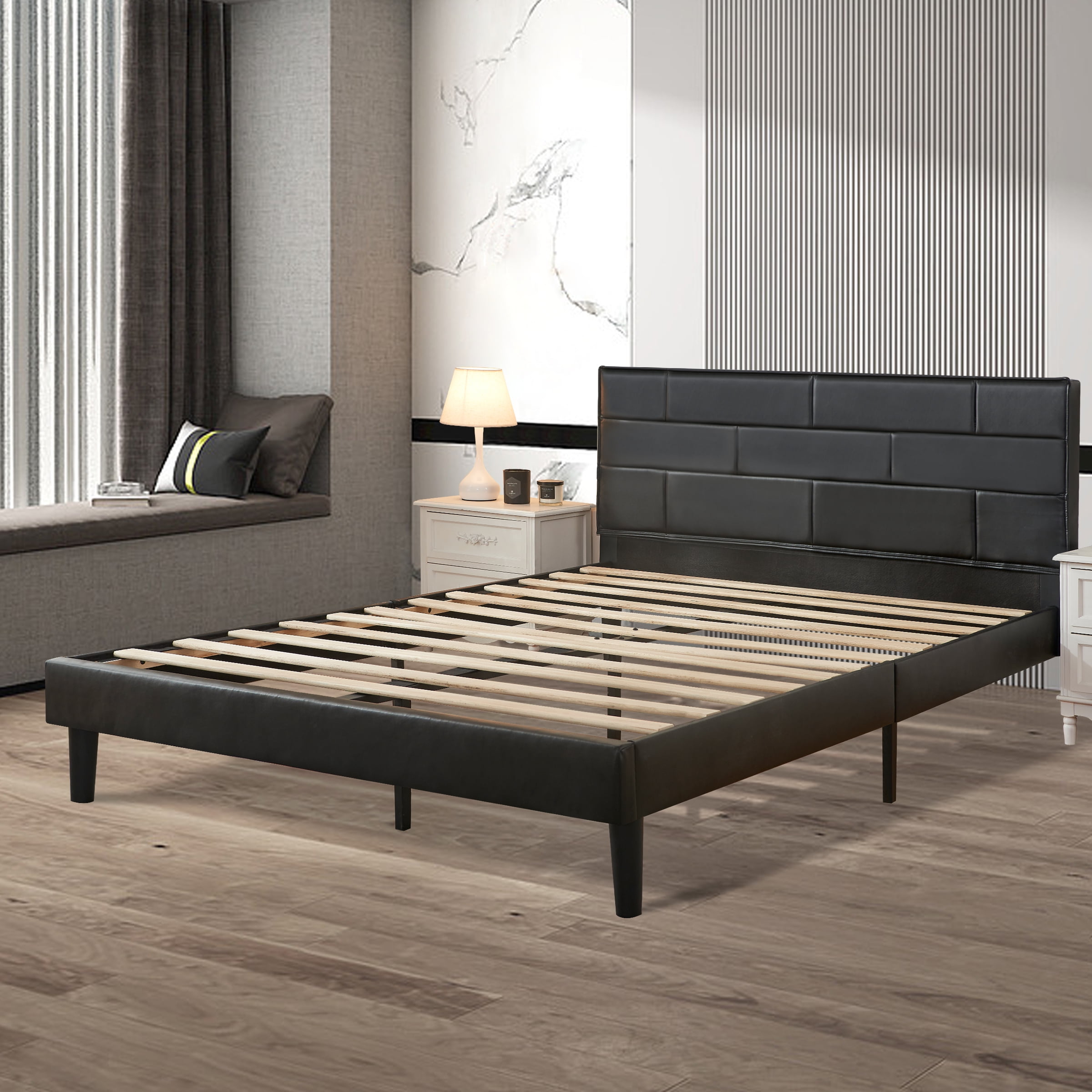 Subrtex Full Platform Bed Frame with Removable PU Leather Upholstered Headboard, Heavy-Duty Wood Slats