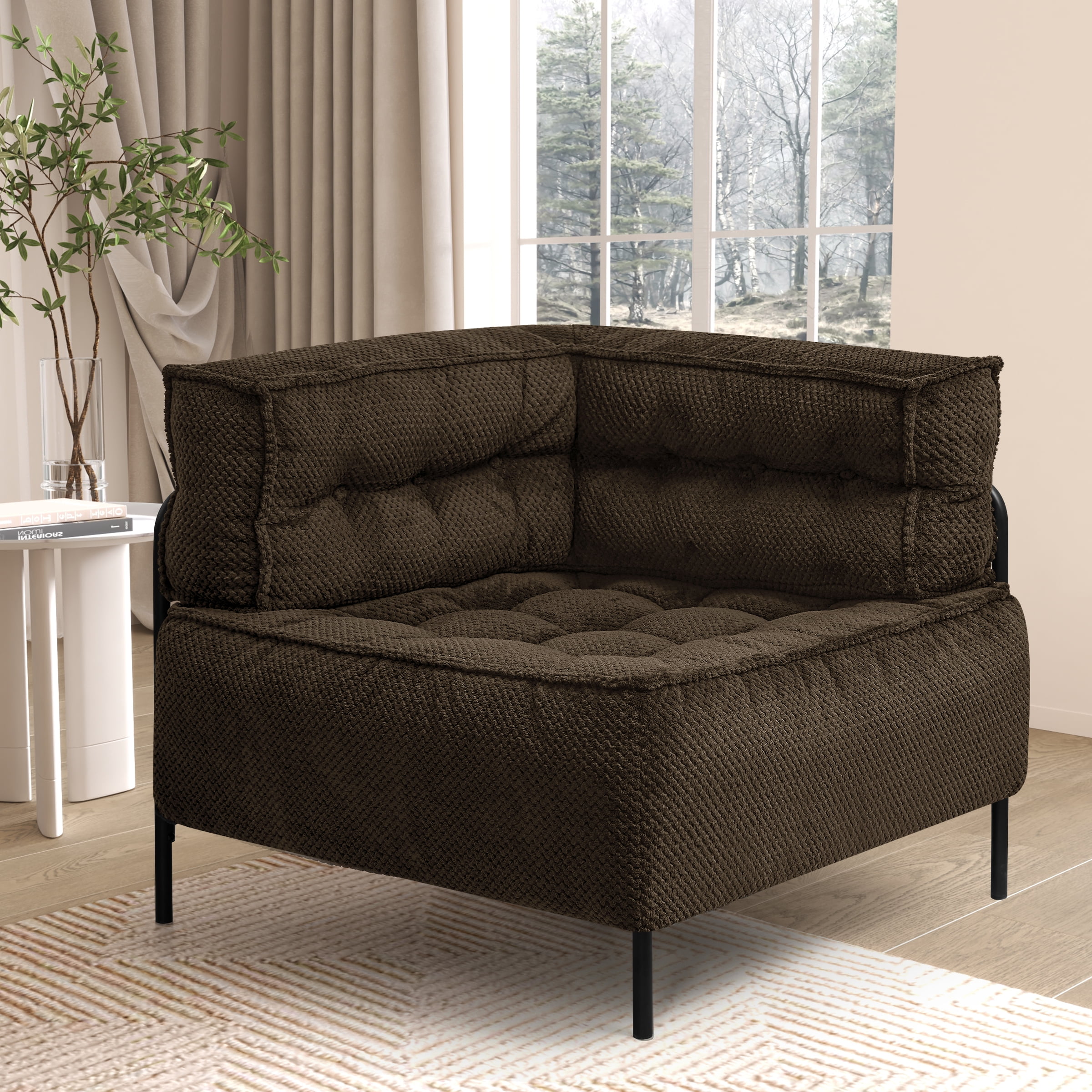 Subrtex Modern Short Plush L Shaped Sofa with Metal Legs, Brown