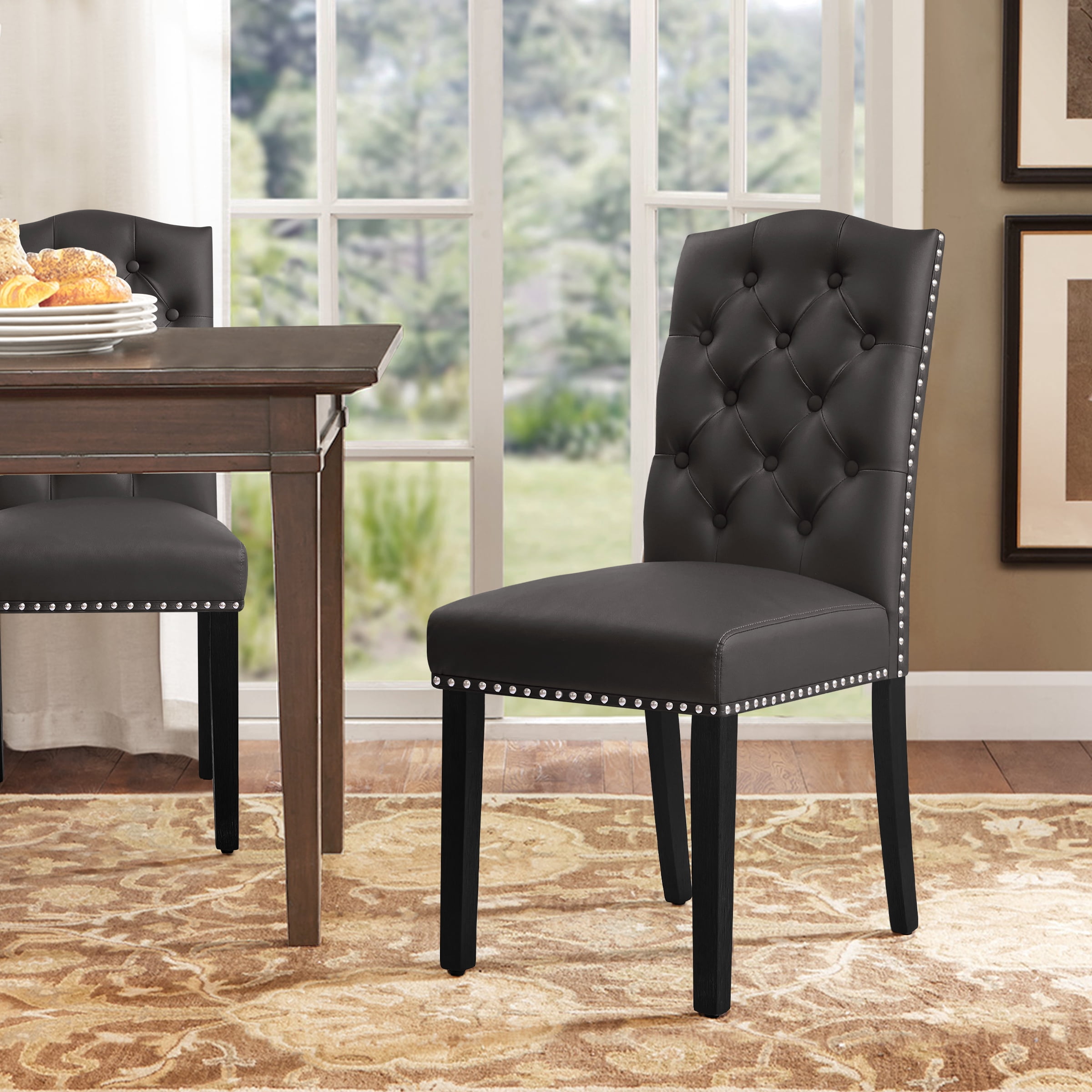 Subrtex Upholstered Dining Chairs Set of 2, PU Leather Dining Chair with Nail heads Trim, Button Padded Chairs Set for Kitchen Dining Room, Gray