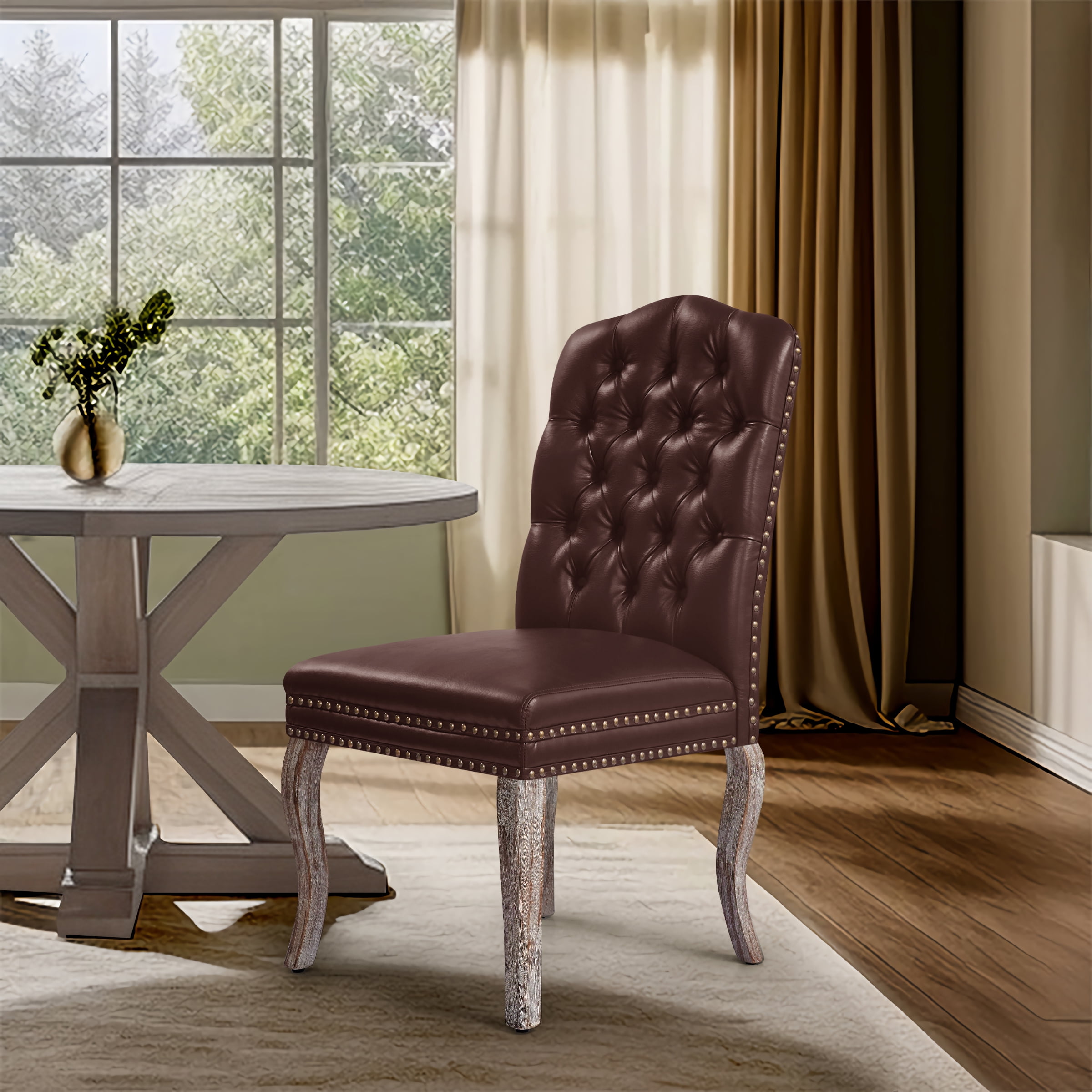 Subrtex Upholstered Dining Chairs Set of 2, PU Leather Dining Chair with Nail heads Trim, Chairs Set for Kitchen Dining Room, Wine