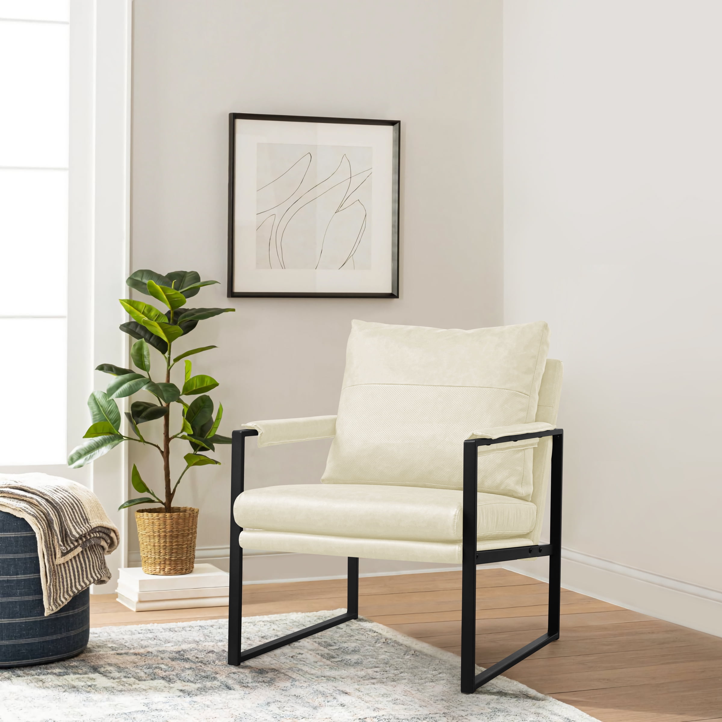 Subrtex Upholstered Modern Accent Chair with Metal Frame, Cream PU Leather