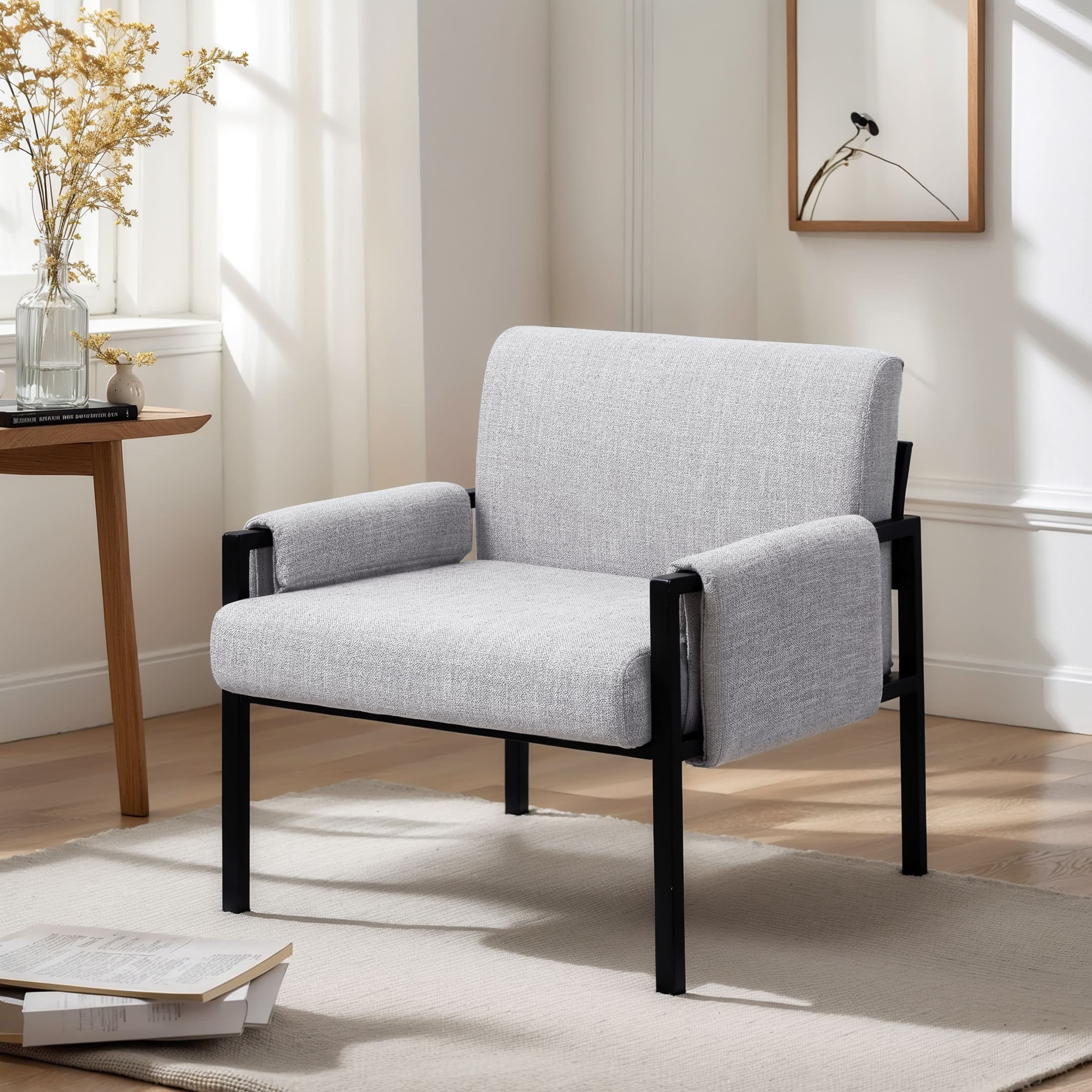 Subrtex Upholstered Modern Accent Chair with Metal Frame, Gray Linen Fabric