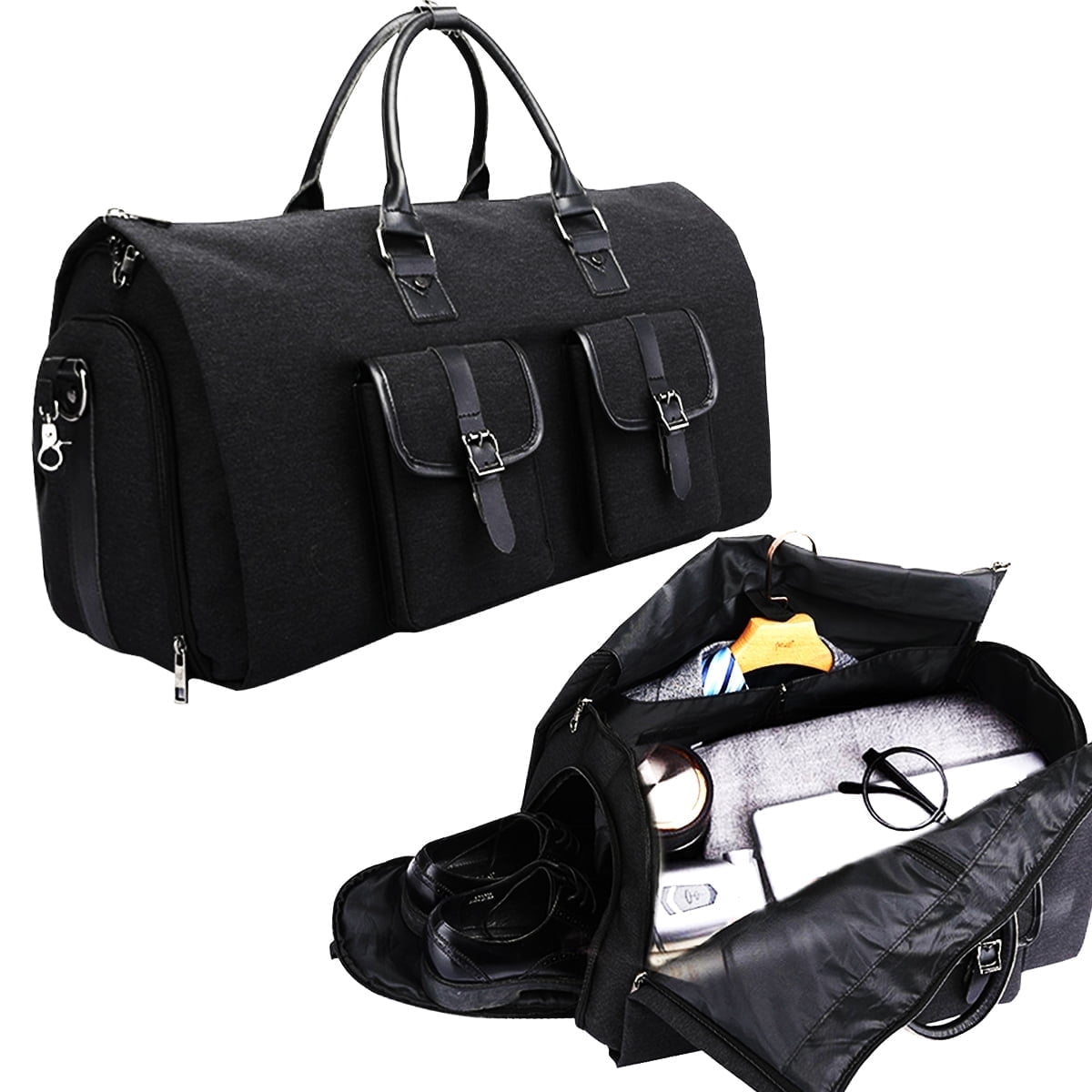 Suit Bag Garment Bag for Travel for Men Women 2-in-1 Suit Case with Shoulder Strap Ideal Carry on Garment Duffel Bag Black