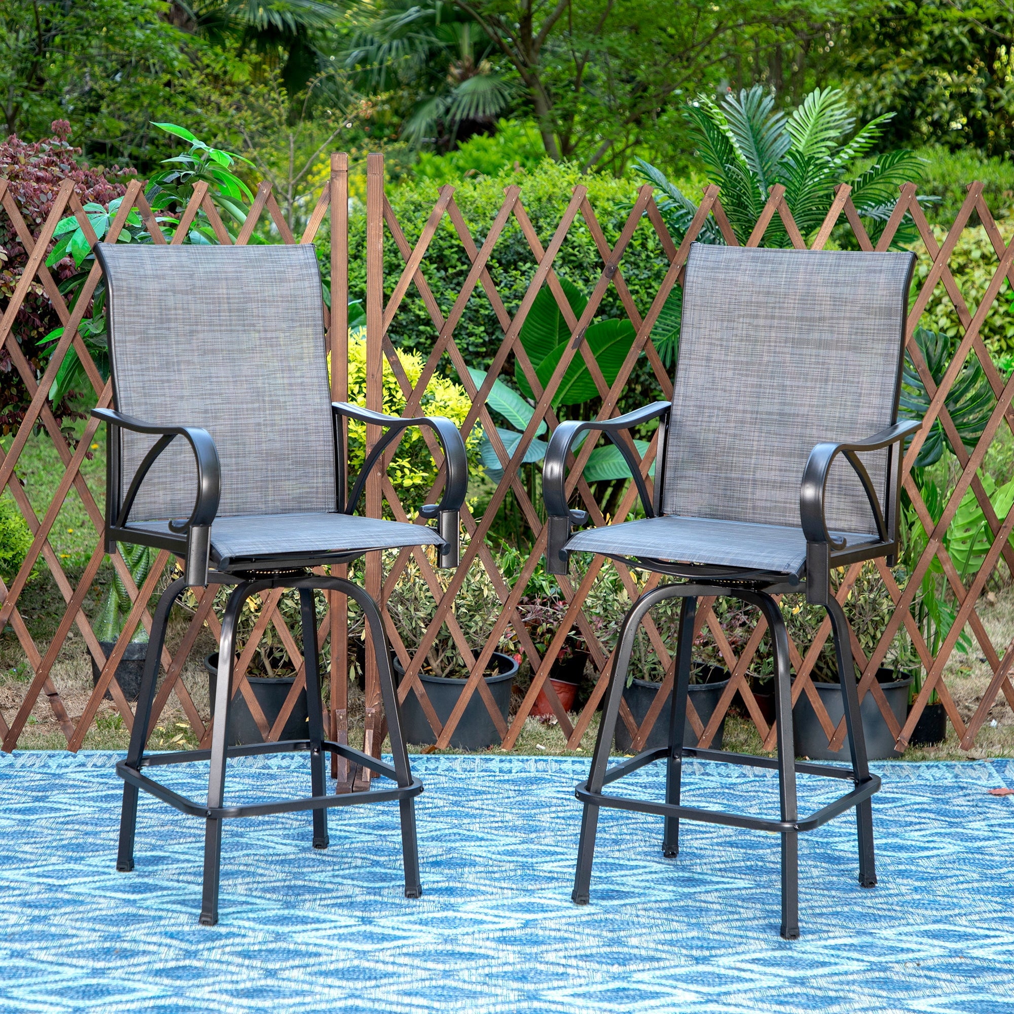 Summit Living Outdoor Metal Swivel Bar Stools Set of 2,Patio Bar Counter Height Bistro Chairs,Black&Grey