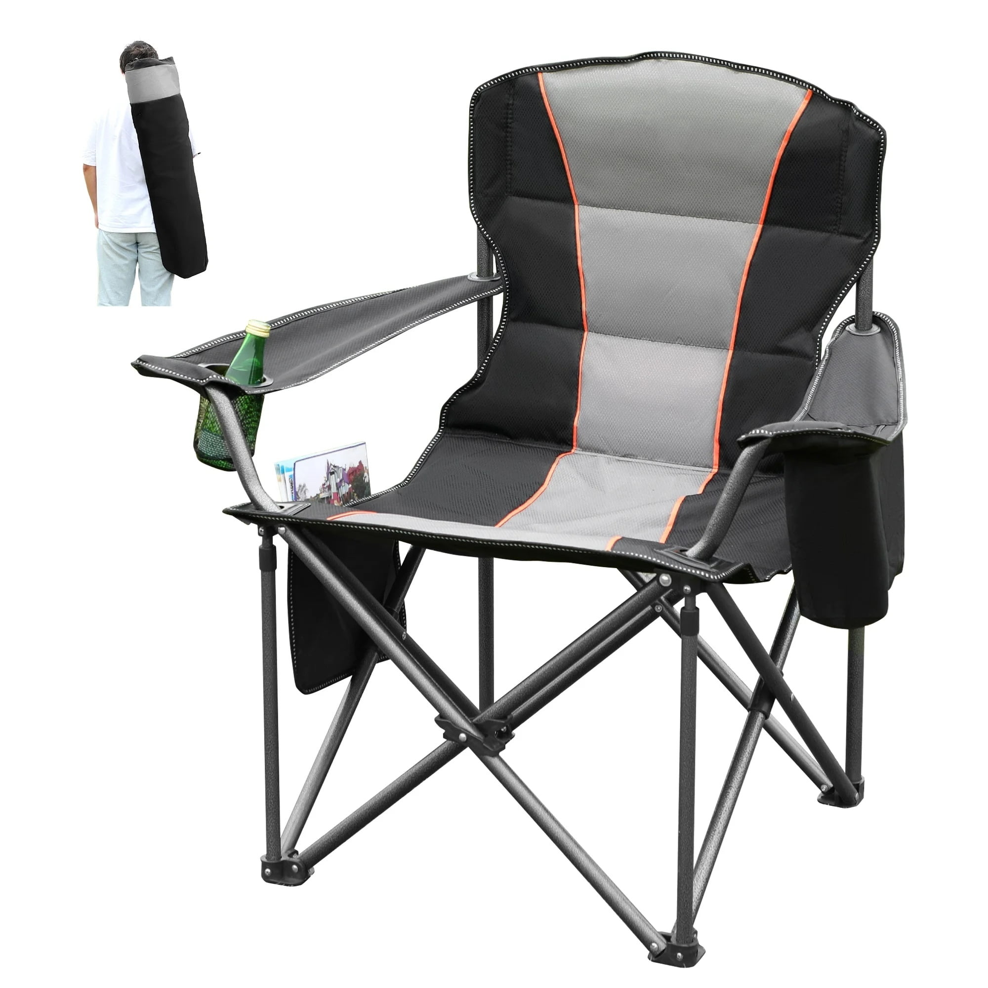 Summit Living Padded Camping Chair with Cooler Bag, Black
