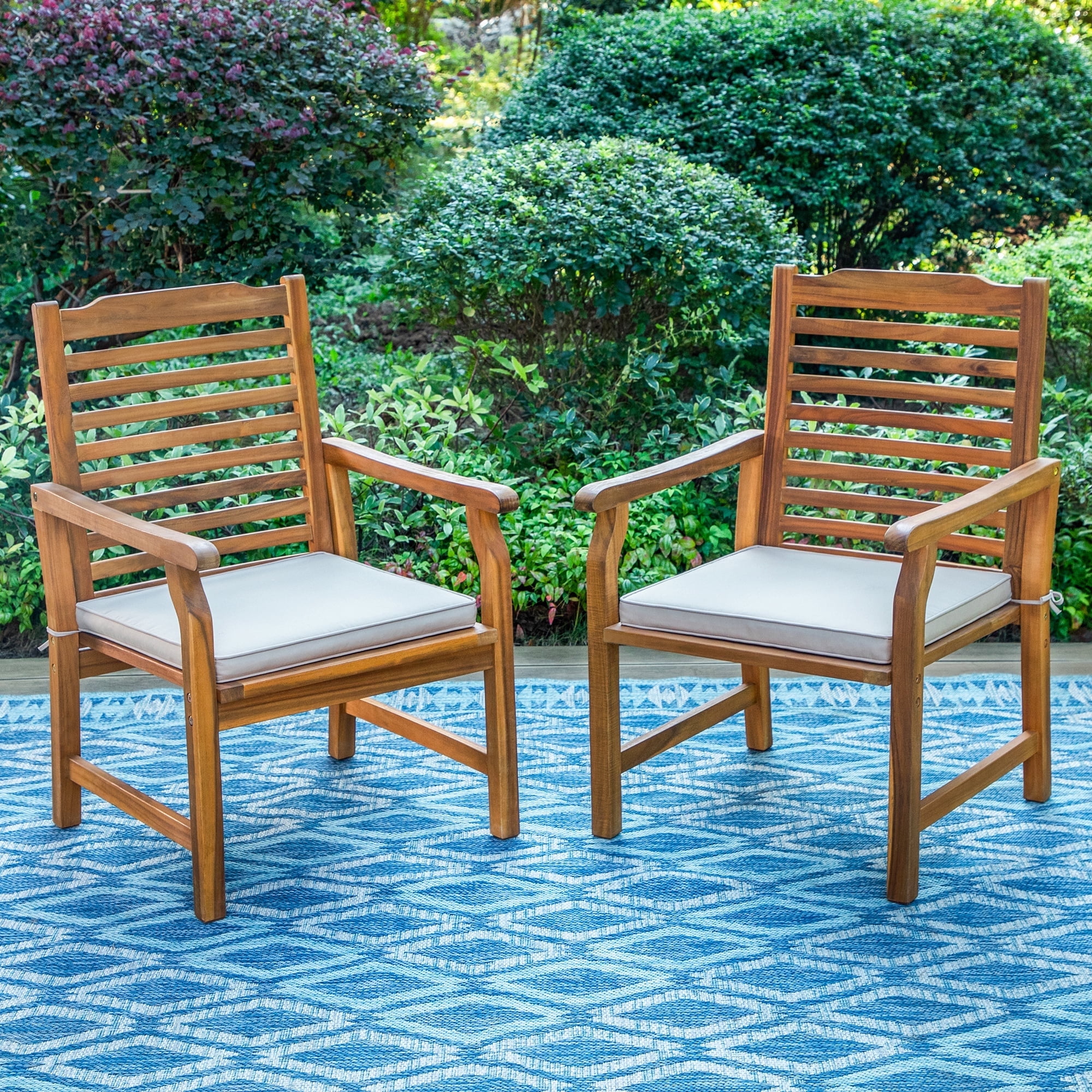 Summit Living 2-Piece Acacia Wood Patio Dining Chairs with Cushions, Outdoor Oil Finished Natural Teak Wooden Armchairs, Orange & Beige