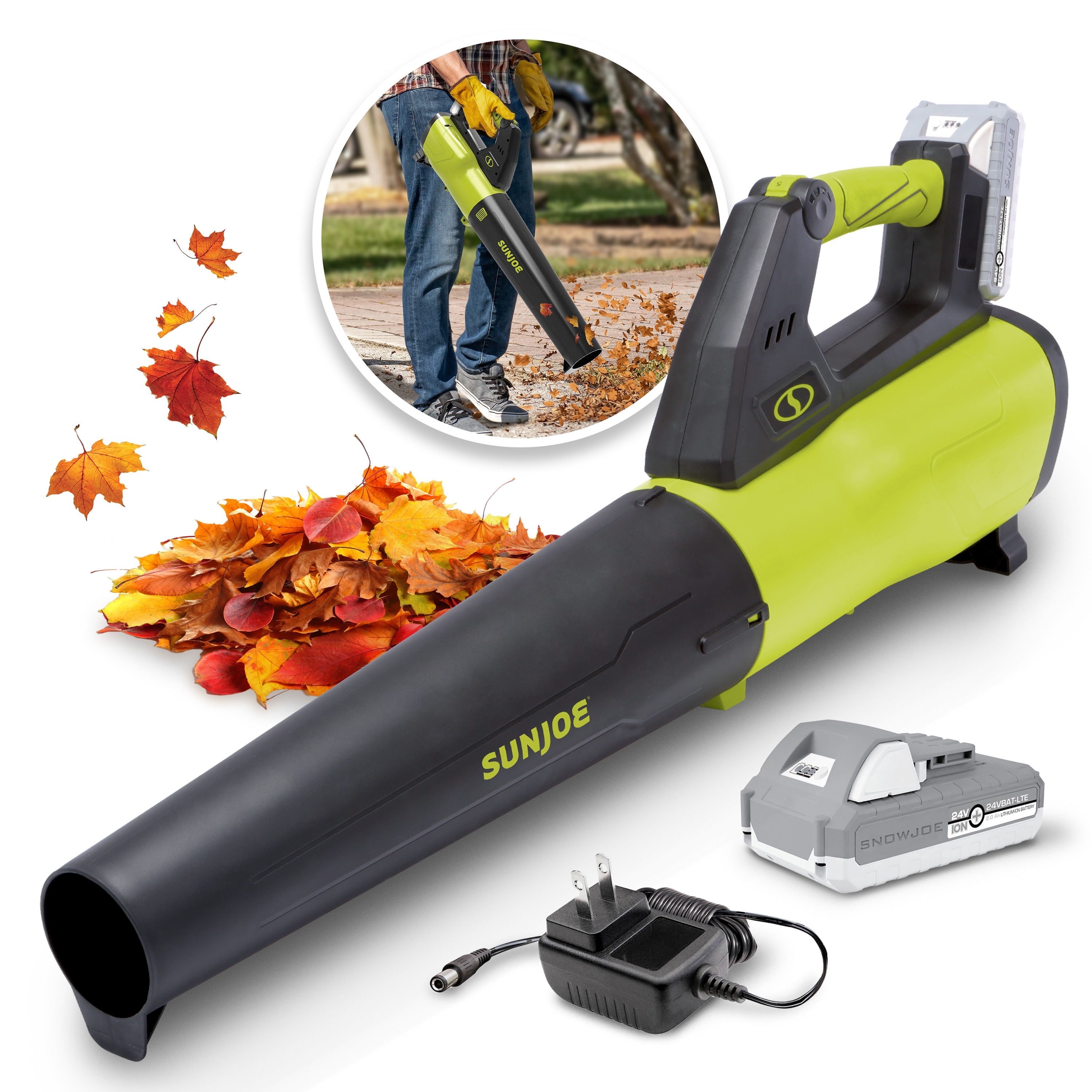 Sun Joe 24-Volt Cordless Turbine Jet Blower Kit, 100 mph, 350-CFM, 2.0-Ah Battery & Charger